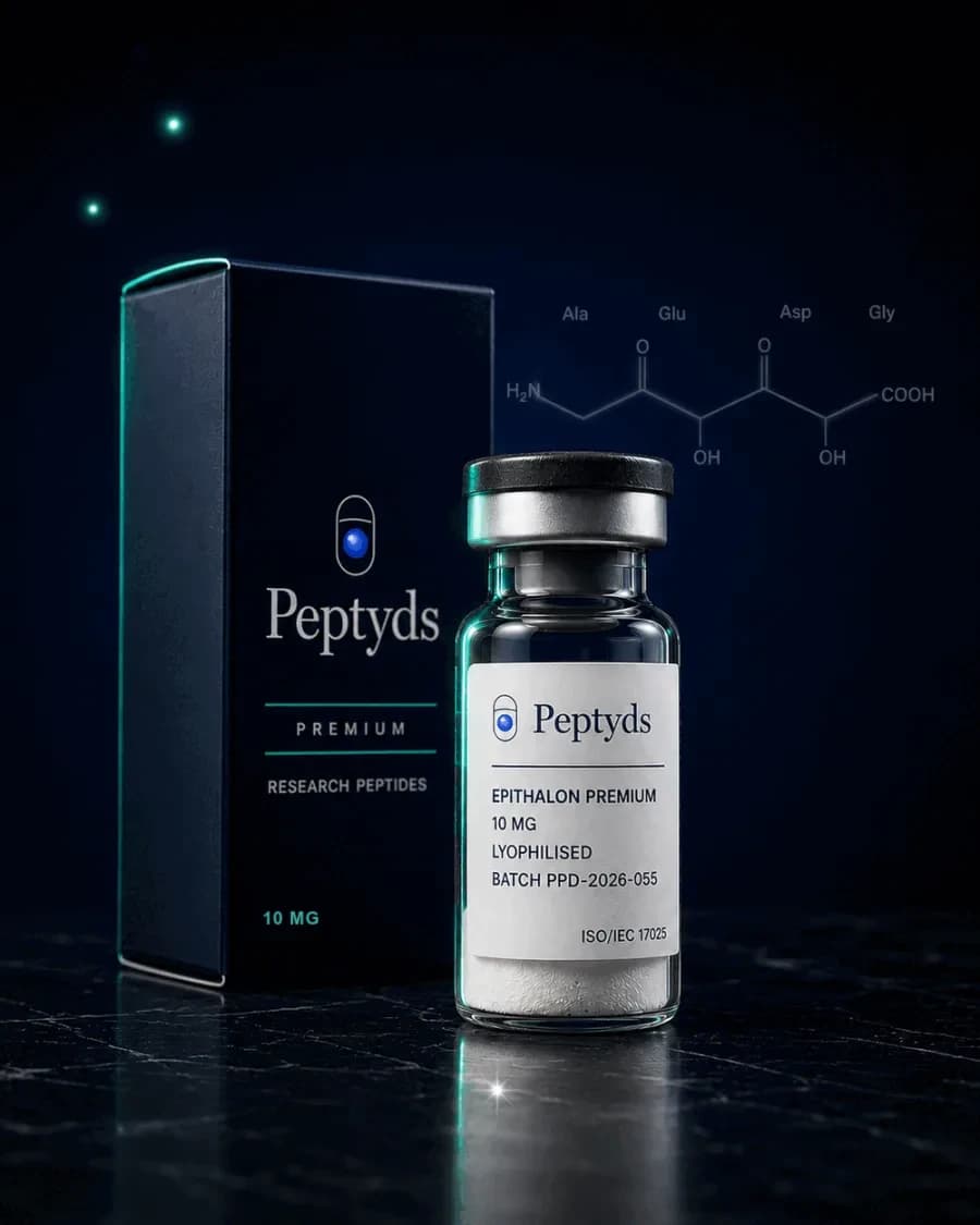 10 mg vial lyophilised vial of Epithalon Premium, ISO/IEC 17025 lab-verified, Peptyds packaging
