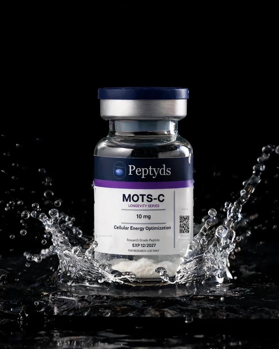 10 mg vial lyophilised vial of MOTS-c, ISO/IEC 17025 lab-verified, Peptyds packaging