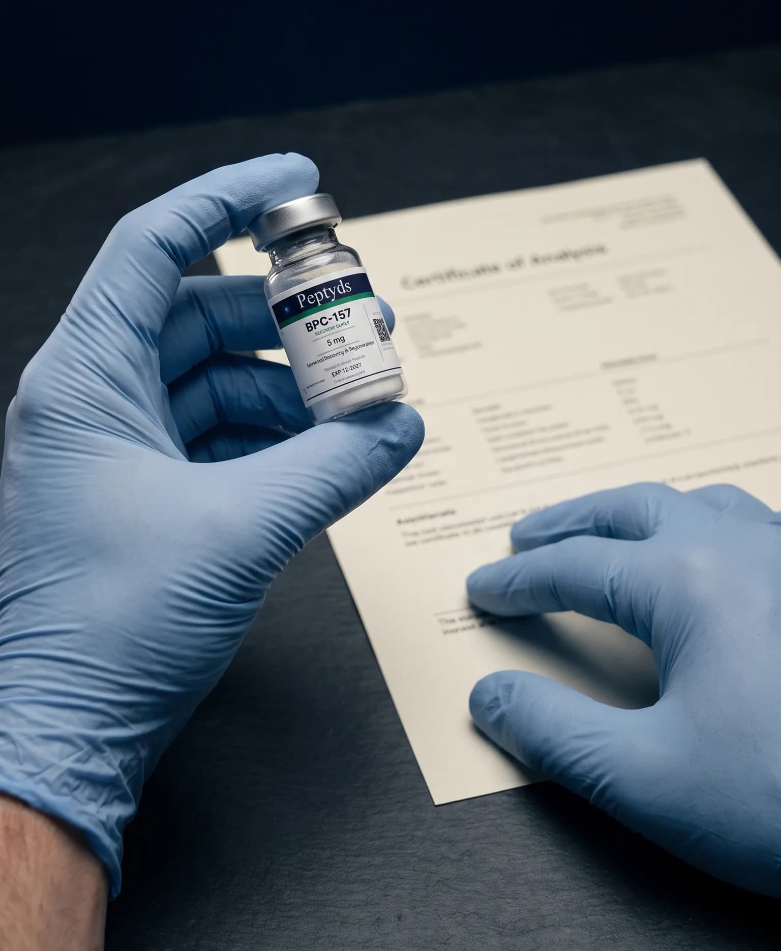 Eine behandschuhte Hand hält ein versiegeltes Peptyds-Vial über dem gedruckten Analysezertifikat