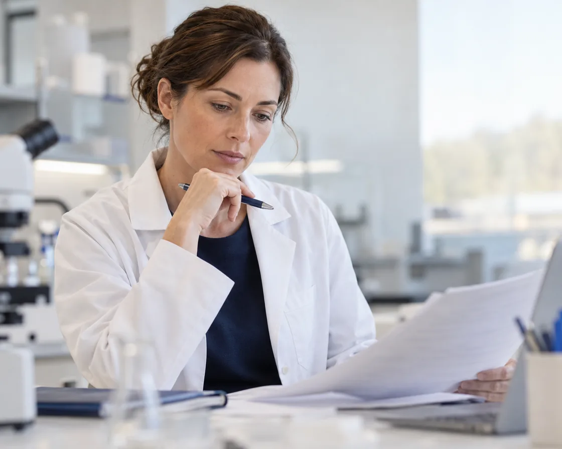 Lab analyst reviewing a printed certificate of analysis at the bench