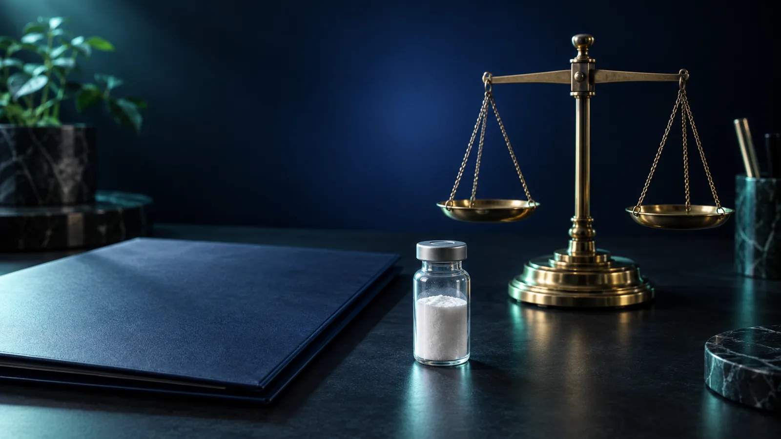 Ein unbeschriftetes Glasvial mit weißem Pulver neben einer Balkenwaage aus Messing, einem dunklen Ordner und einer kleinen Topfpflanze auf einem Schreibtisch.