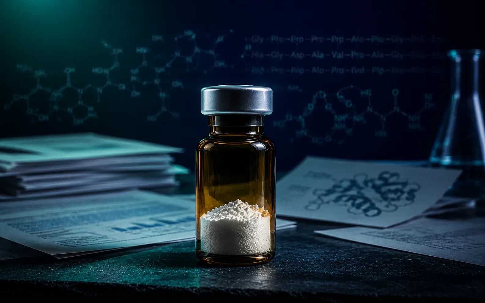 Ein einzelnes unbeschriftetes Vial mit lyophilisiertem Peptid, mittig auf einer navyblauen Laborfläche neben einem geschlossenen Forschungsheft — ein umfassender Leitfaden zum Forschungskontext von BPC-157.