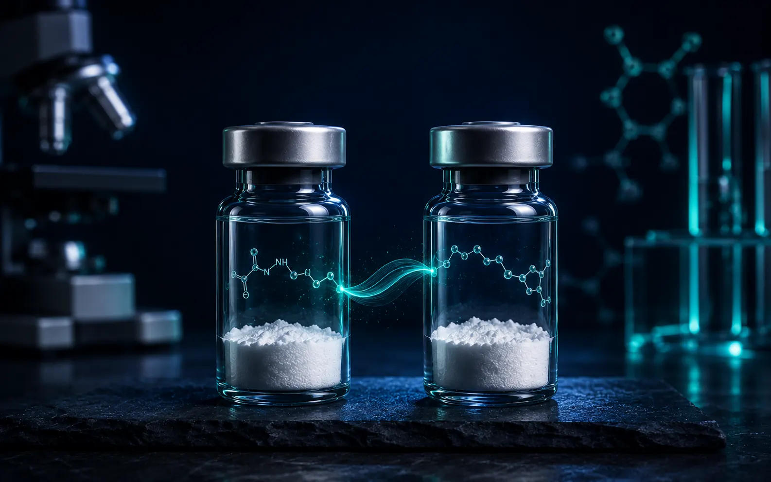 Zwei unbeschriftete Peptid-Vials nebeneinander auf einer navyblauen Laborfläche — ein ruhiger Forschungsvergleich zwischen BPC-157 und TB-500.