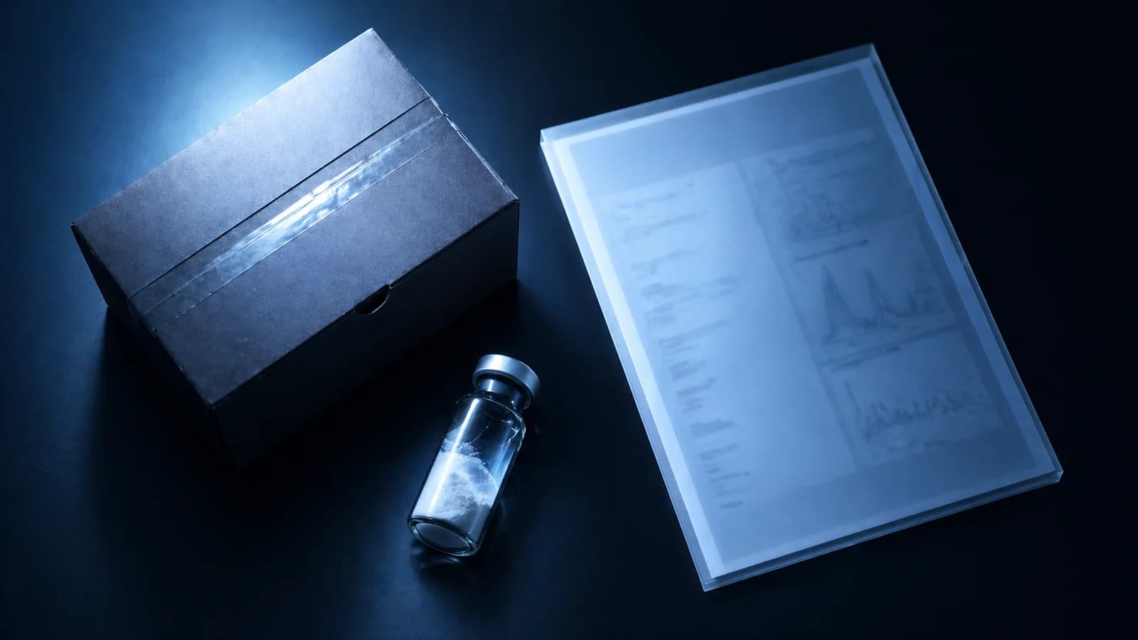 Paket, Peptid-Vial und anonymisiertes Labordokument auf navyblauem Hintergrund, das den Versand aus der EU andeutet.
