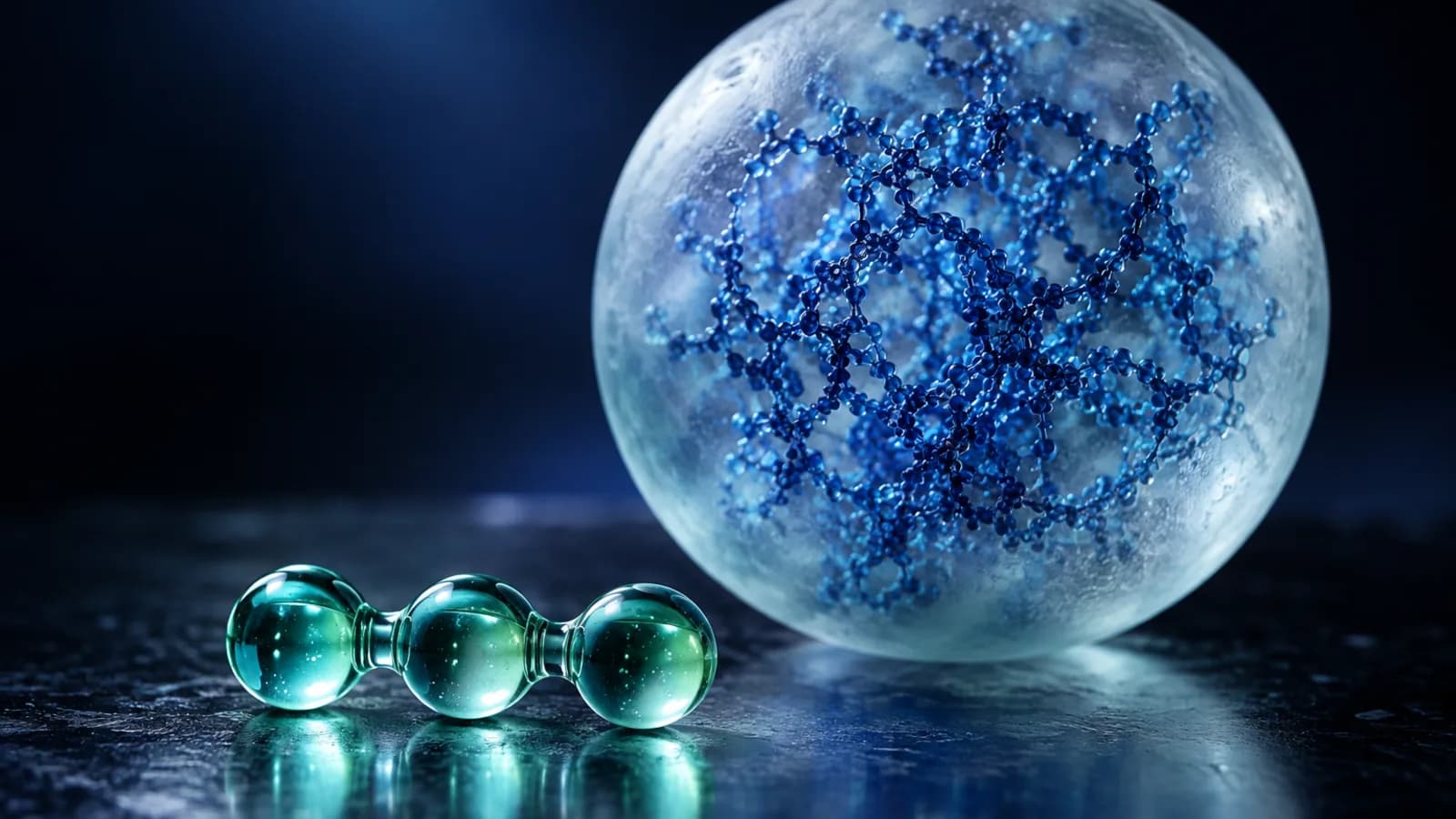 Eine abstrakte Glaskugel mit einem blauen, kristallinen Molekülgitter, neben einer kleinen türkisfarbenen Glasform aus drei Perlen, auf dunkler reflektierender Oberfläche.