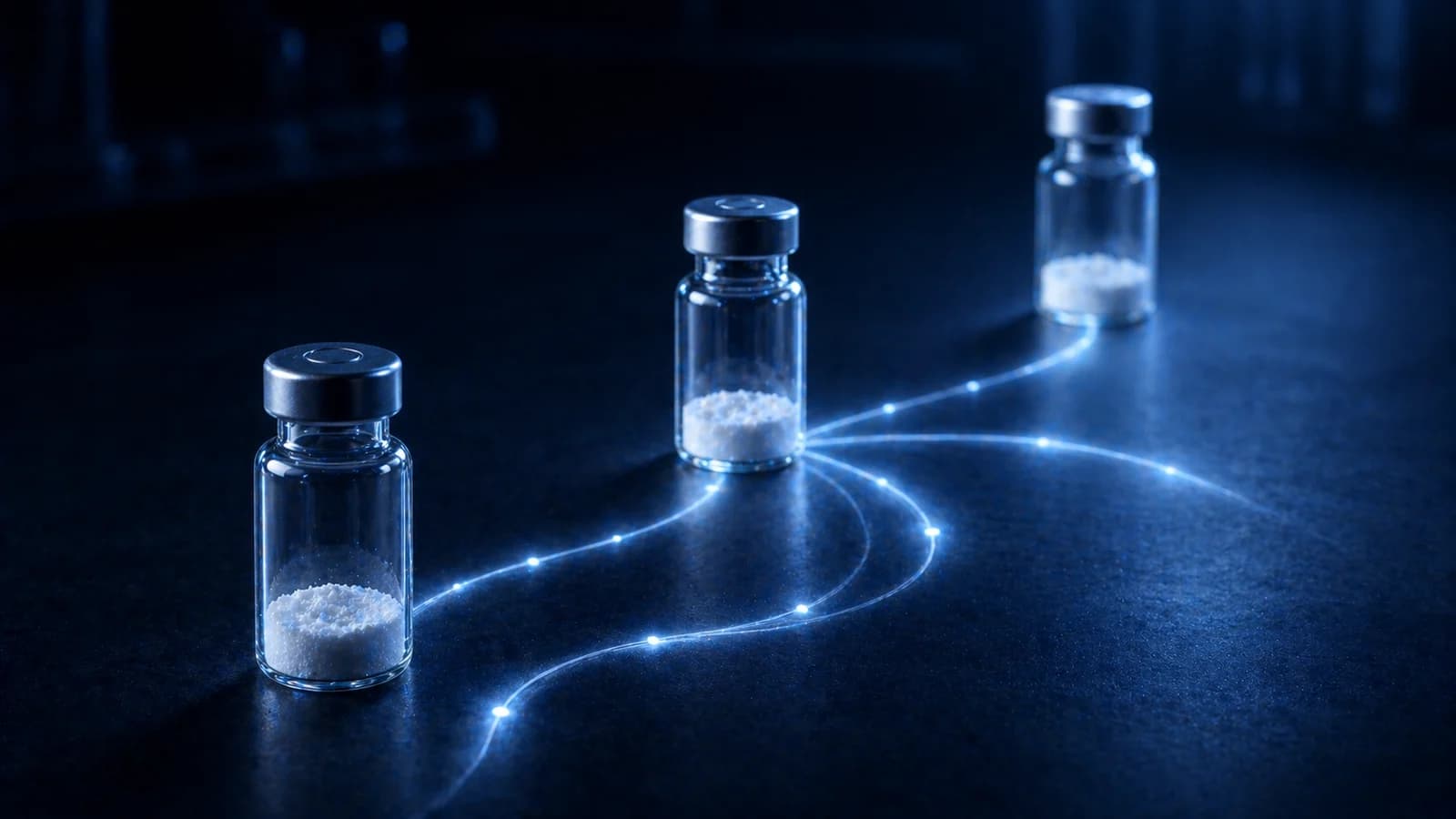Drei unbeschriftete Peptid-Vials auf einem navyblauen Tisch, die eine zielbasierte Produktauswahl andeuten.