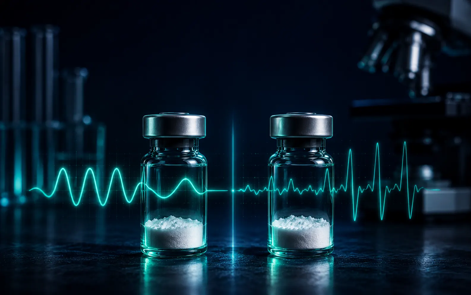Zwei unbeschriftete Vials mit lyophilisiertem Peptid in leicht unterschiedlichen Winkeln auf einer navyblauen Laborfläche — gepaarte GHRH- und GHRP-Forschungspeptide.