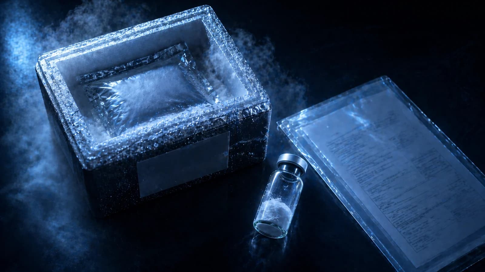 Isoliertes Paket und Peptid-Vial auf navyblauer Fläche, die den gekühlten Peptid-Versand darstellen.
