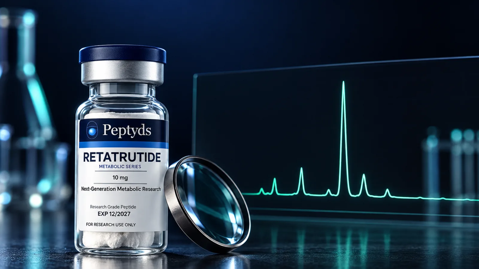 Ein Peptyds-Forschungsvial mit der Aufschrift "Retatrutide, Metabolic Series, 10 mg" neben einer Lupe, Laborkolben und einem leuchtenden Spektrumdiagramm.