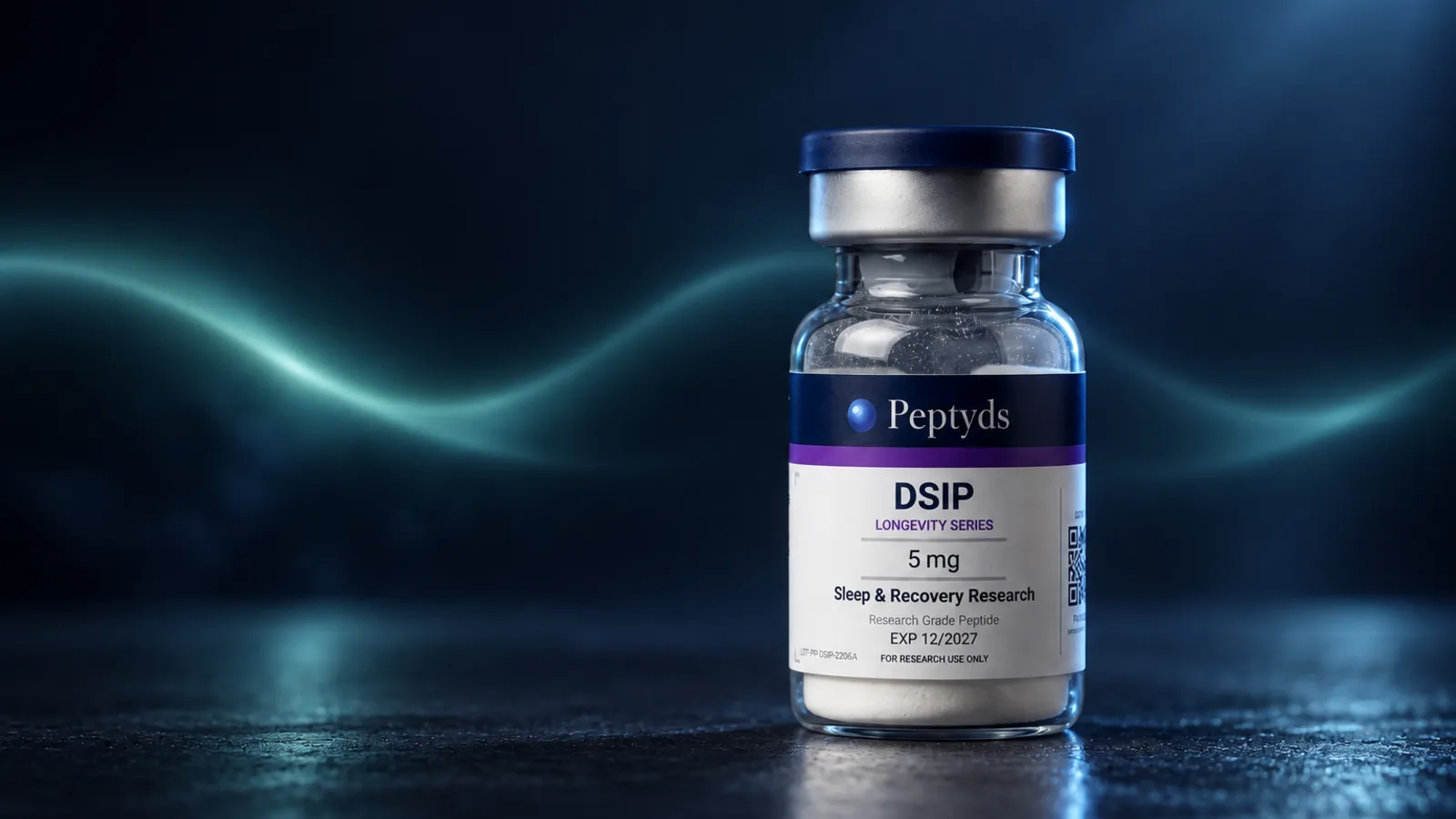 A Peptyds research vial labelled "DSIP, Longevity Series, 5 mg" standing against a glowing teal wave on a dark background.