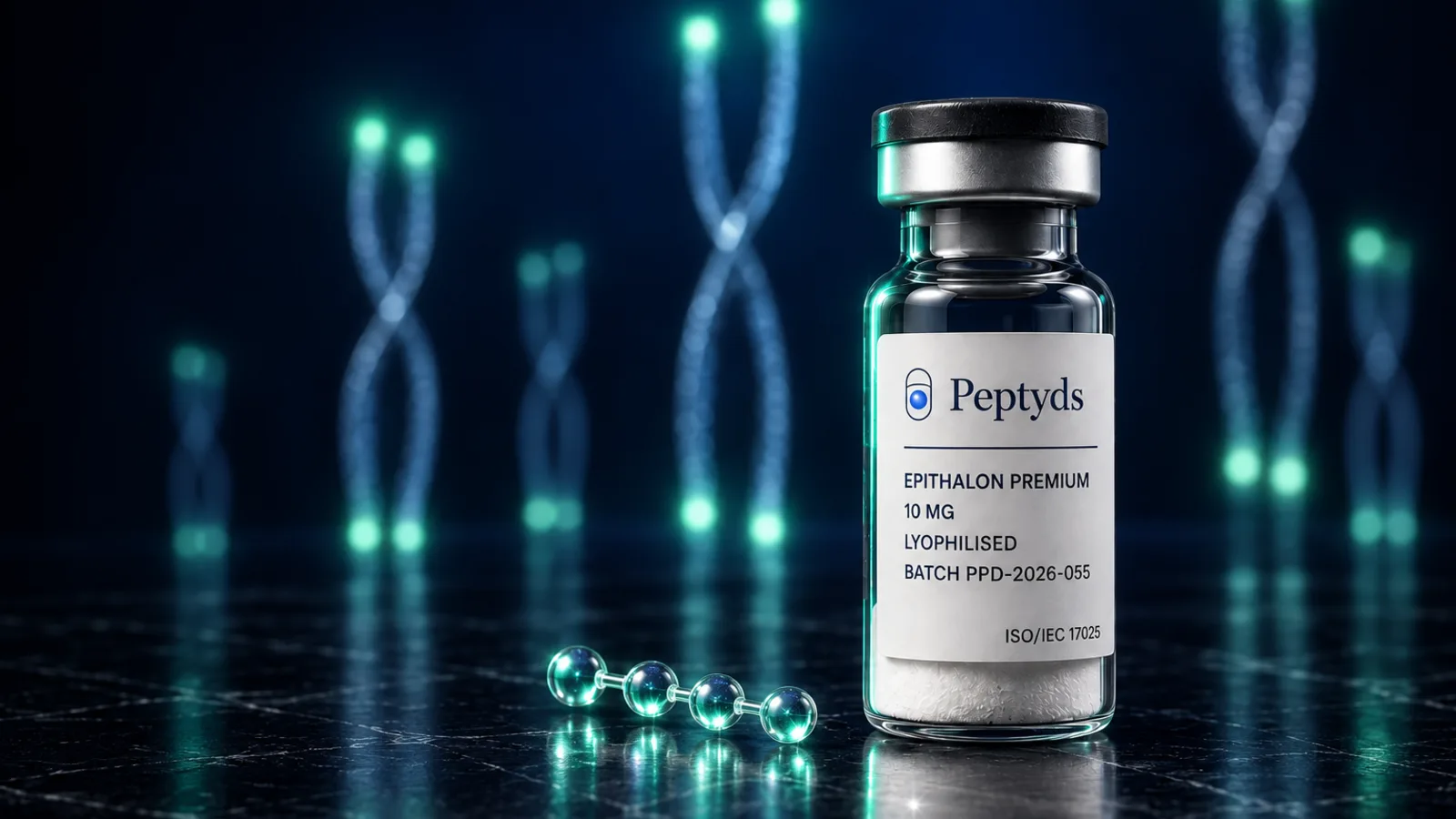A Peptyds vial labelled "Epithalon Premium, 10 mg, Lyophilised" beside a small four-bead glass chain, against a glowing DNA-helix backdrop.