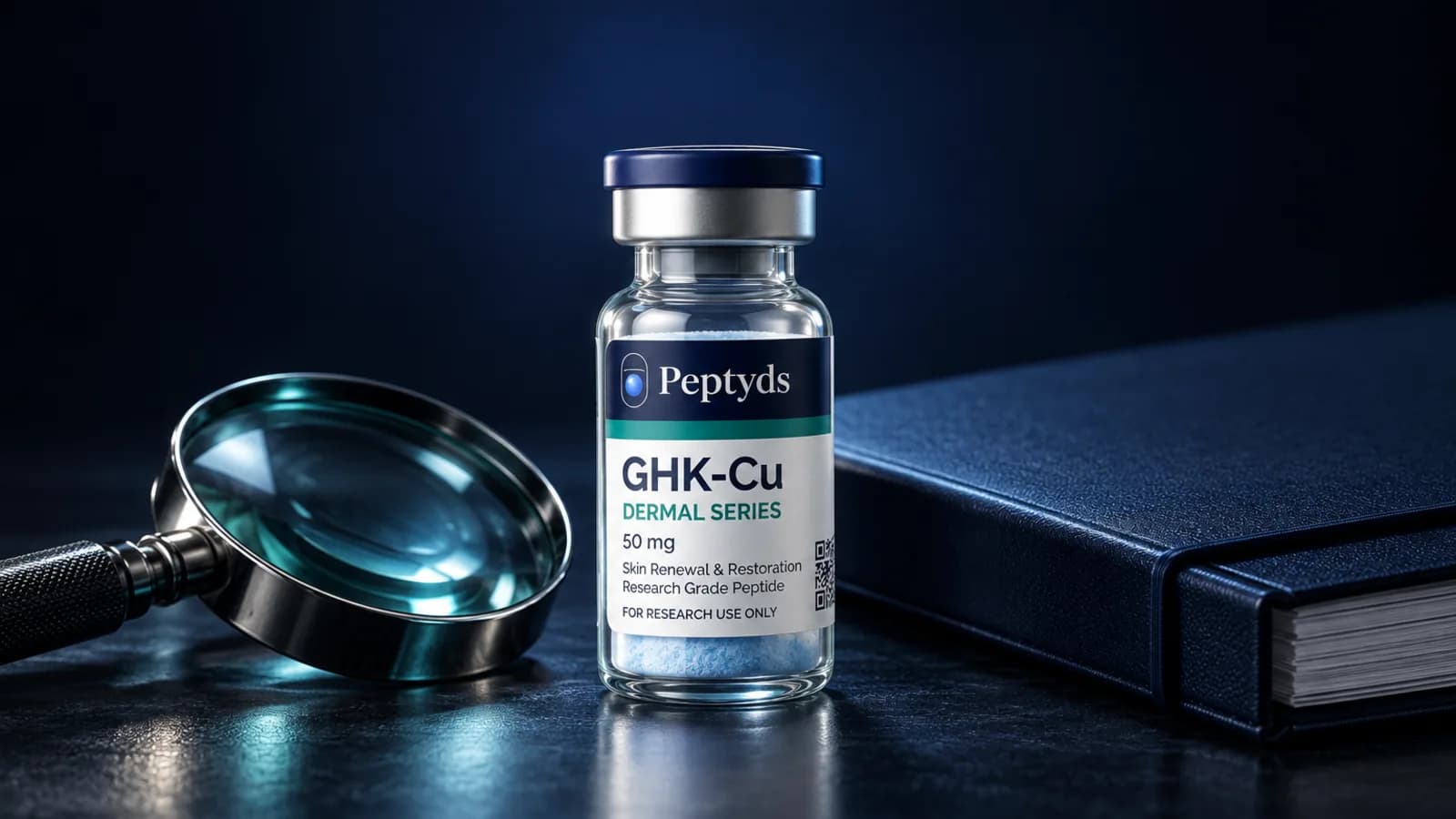 Ein Peptyds-Forschungsvial mit der Aufschrift "GHK-Cu, Dermal Series, 50 mg" mit blassblauem Pulver, neben einer Lupe und einem geschlossenen Notizbuch.