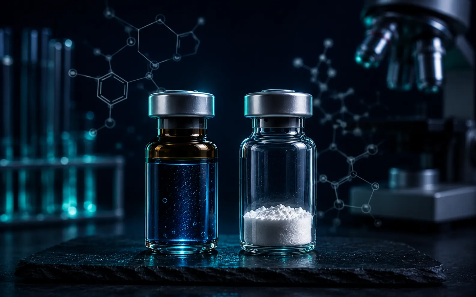 Zwei texturierte Flächen nebeneinander — eine mit einem kupferfarbenen Tropfen, eine mit einem klaren lyophilisierten Vial — als Forschungsvergleich zwischen GHK-Cu und BPC-157 für die Haut.
