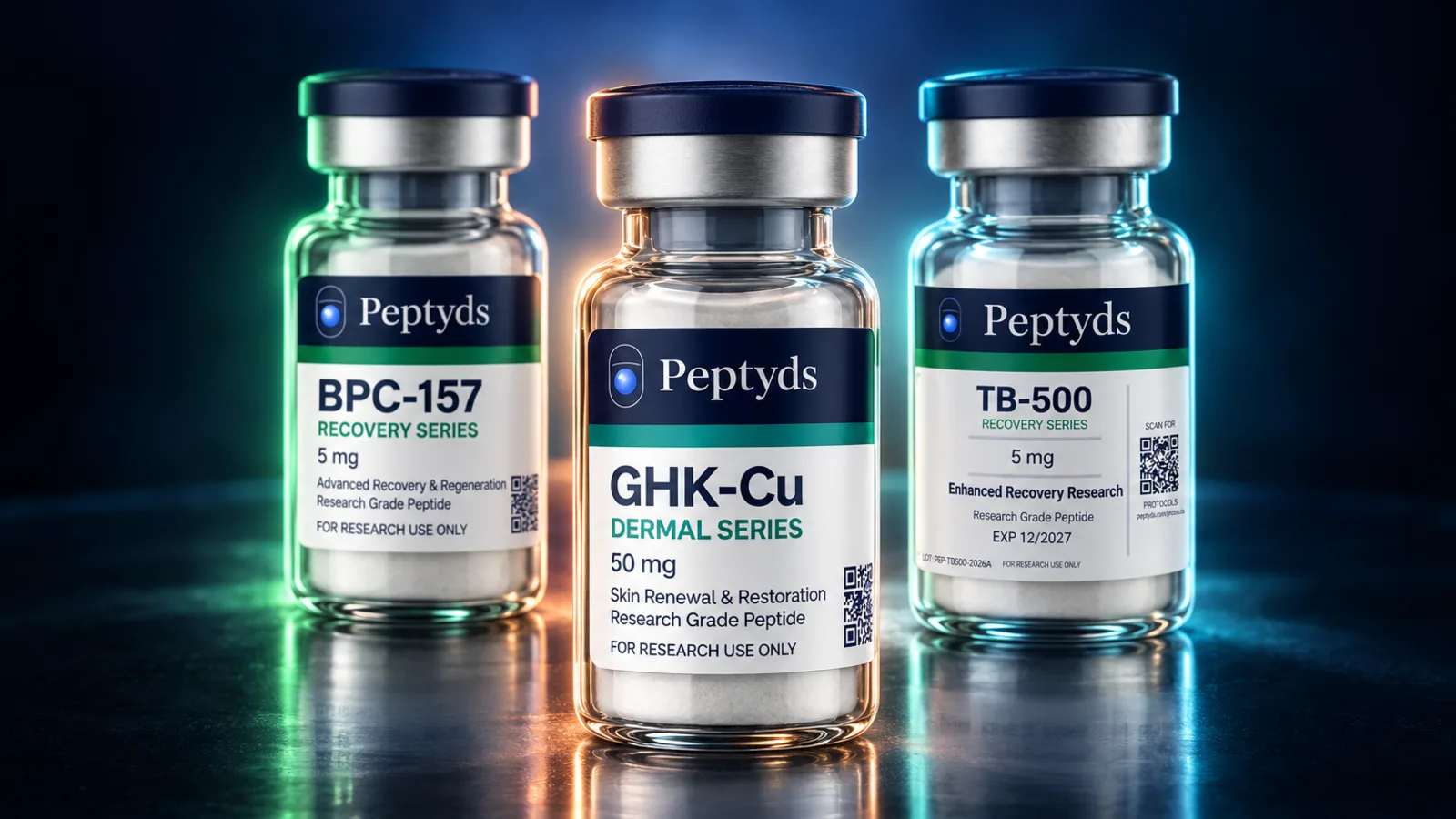 Drei Peptyds-Forschungsvials vor dunklem Hintergrund, beschriftet mit "BPC-157, Recovery Series, 5 mg", "GHK-Cu, Dermal Series, 50 mg" und "TB-500, Recovery Series, 5 mg".