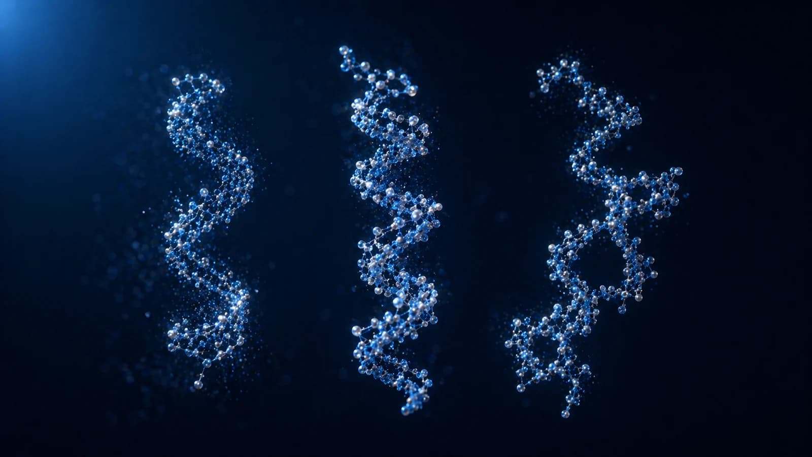 Drei abstrakte peptidähnliche Molekülformen auf navyblauem Hintergrund, die die GLP-1-Peptidforschung darstellen.