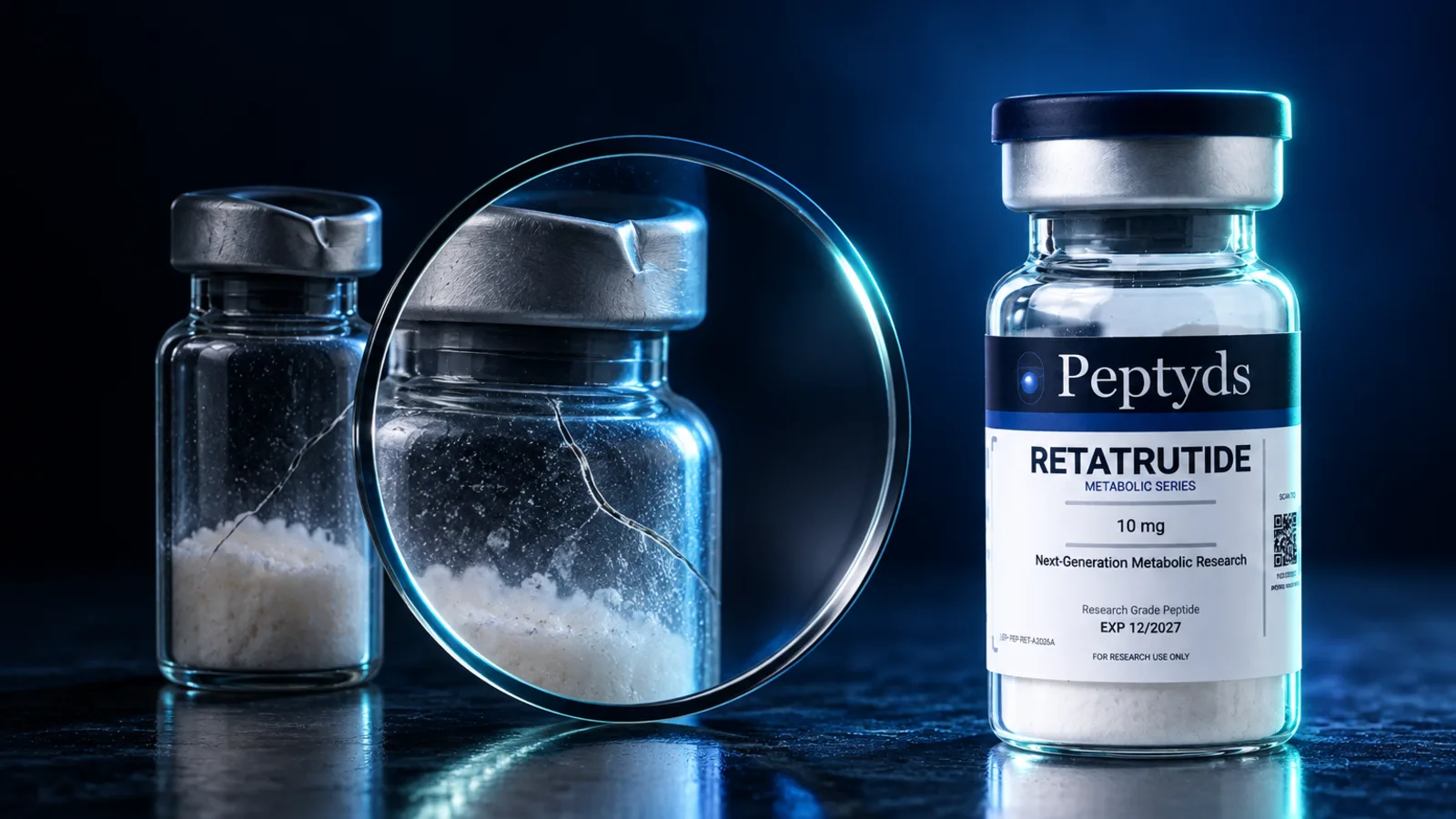 Zwei unbeschriftete, gesprungene Vials unter einer Lupe neben einem echten Peptyds-Vial mit der Aufschrift "Retatrutide, Metabolic Series, 10 mg", auf dunkler Oberfläche.