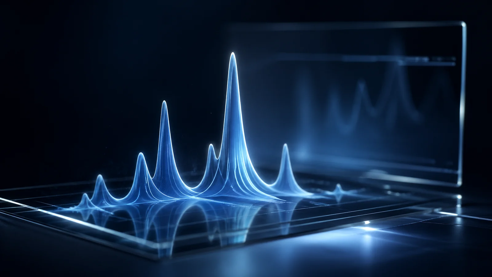 Abstrakte Visualisierung eines HPLC-Chromatogramm-Peaks in tiefem Navy und Eisblau.