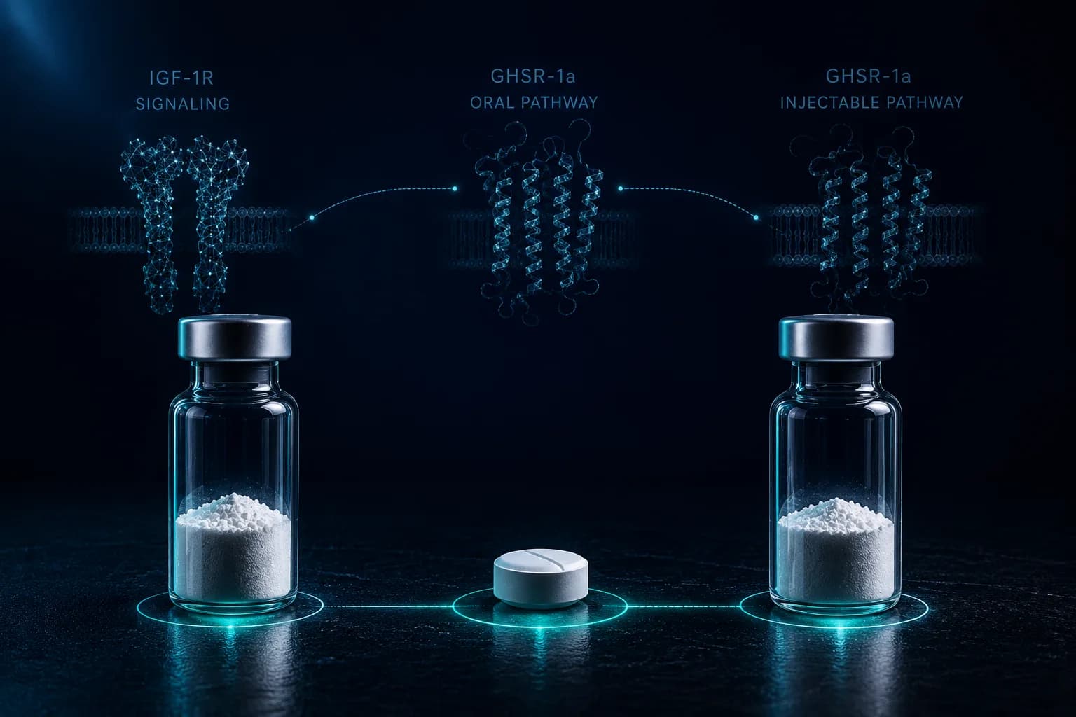 Drei Peptid-Vials in redaktionellen Winkeln auf einer navyblauen Laborfläche fotografiert — ein struktureller Vergleich dreier Moleküle, die von unterschiedlichen mechanistischen Ausgangspunkten auf der GH/IGF-1-Achse zusammenlaufen.