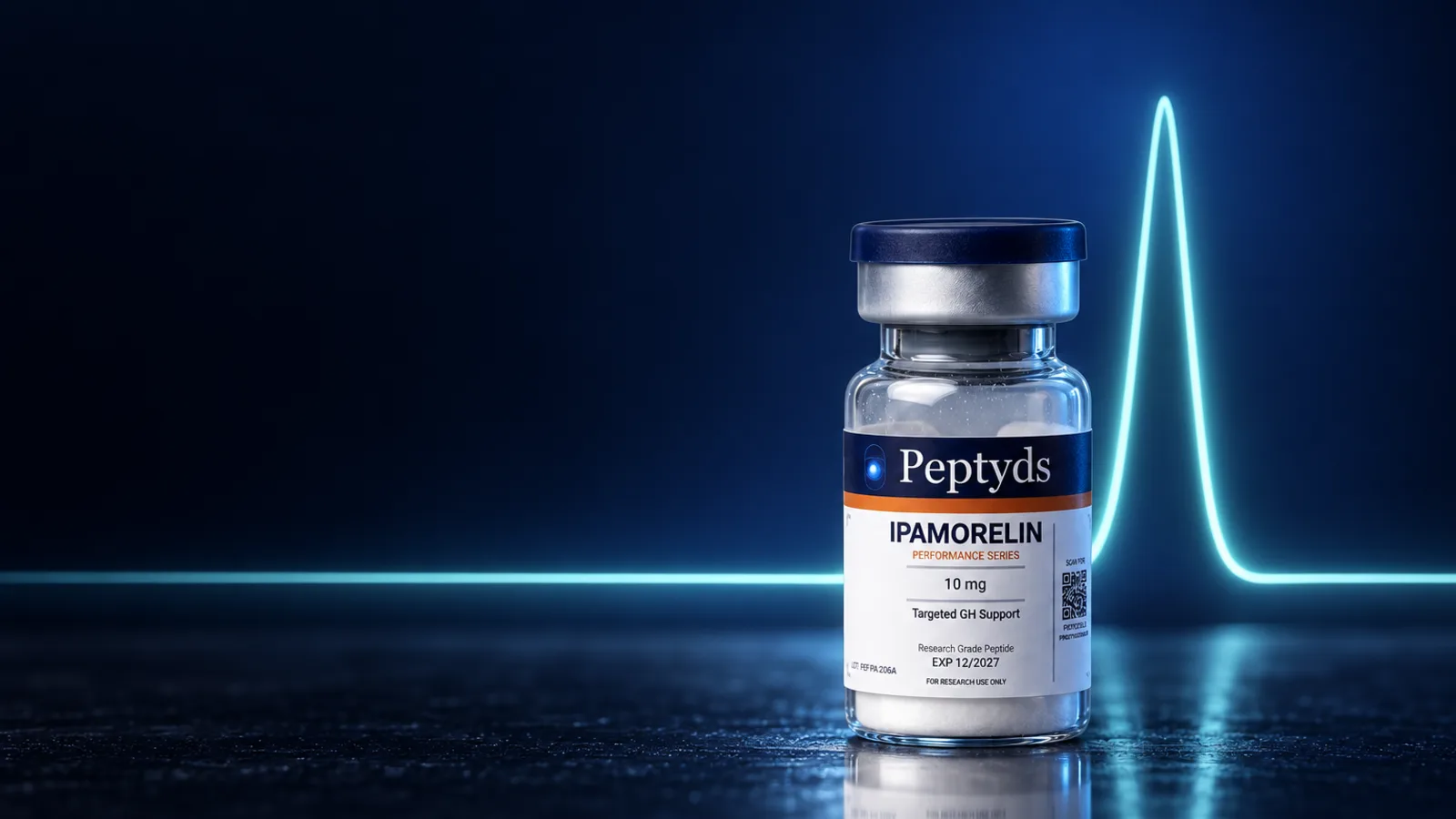 A Peptyds research vial labelled "Ipamorelin, Performance Series, 10 mg", standing in front of a glowing heartbeat-style line graphic.
