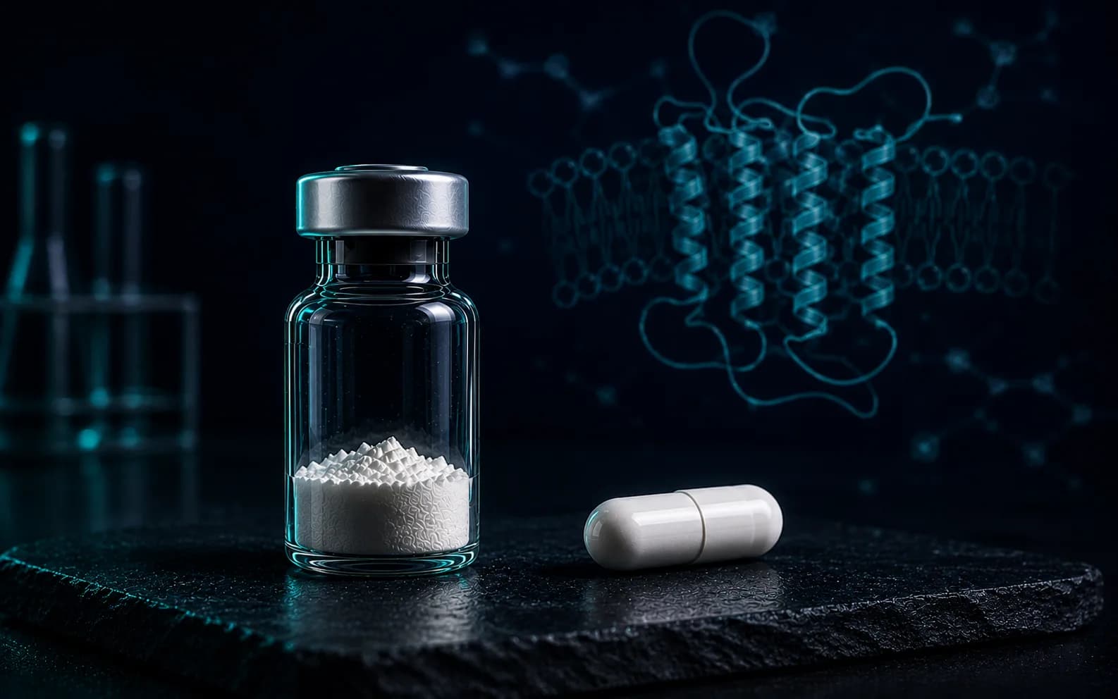 Ein unbeschriftetes Vial mit lyophilisiertem Peptid neben einer kleinen, unmarkierten oralen Kapsel auf einer navyblauen Laborfläche — ein Forschungsvergleich zwischen injizierbar und oral.