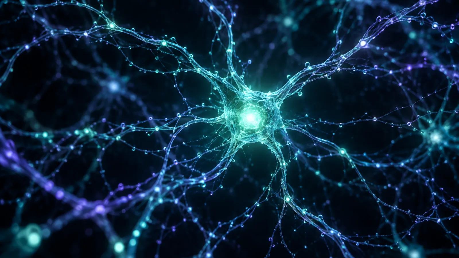 Eine abstrakte, leuchtende türkis- und violettfarbene Illustration, die einem Neuron mit verzweigten Fäden und leuchtenden Spitzen ähnelt, auf dunklem Hintergrund.