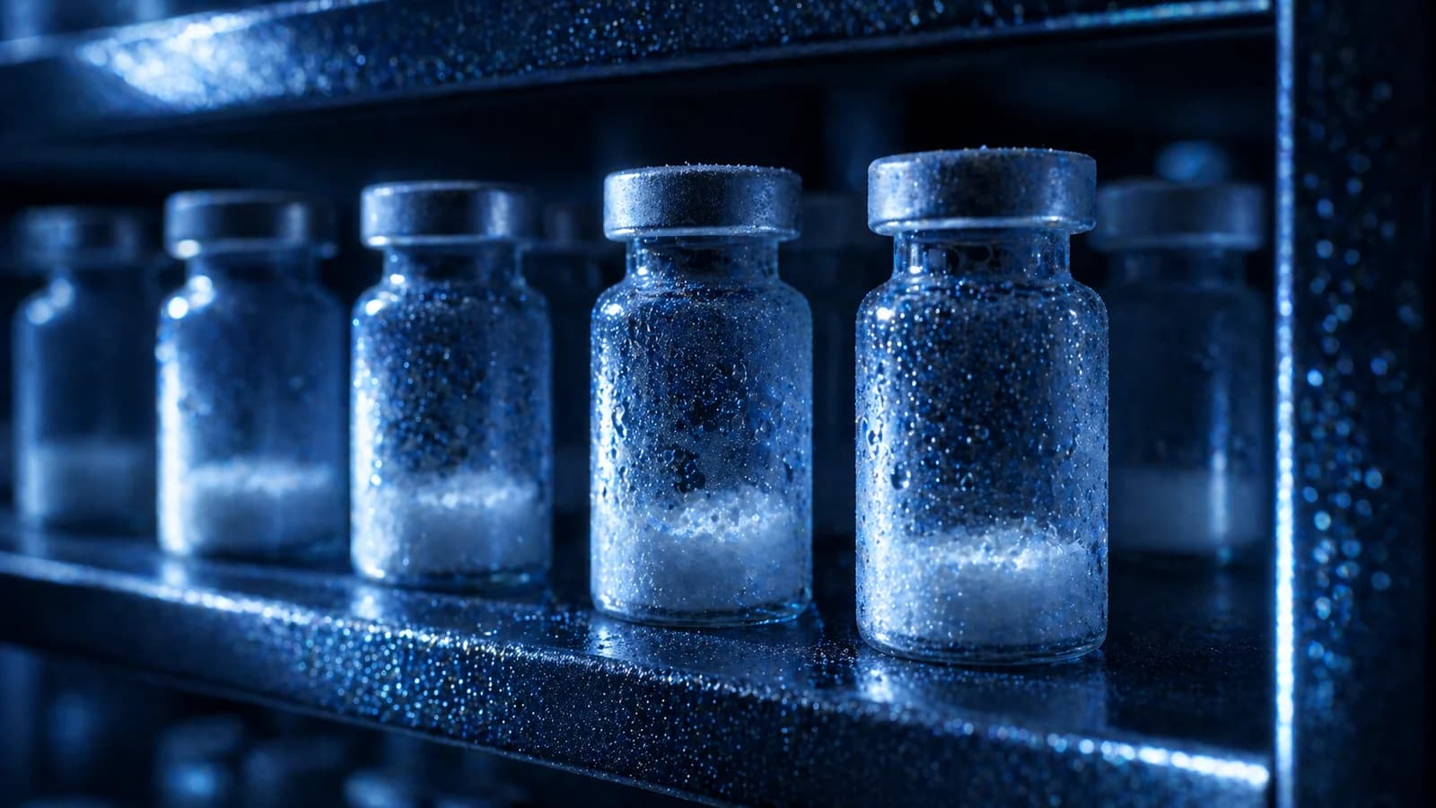 Bereifte Peptid-Vials auf einem dunklen Laborregal, die Kühllagerung und Stabilität andeuten.