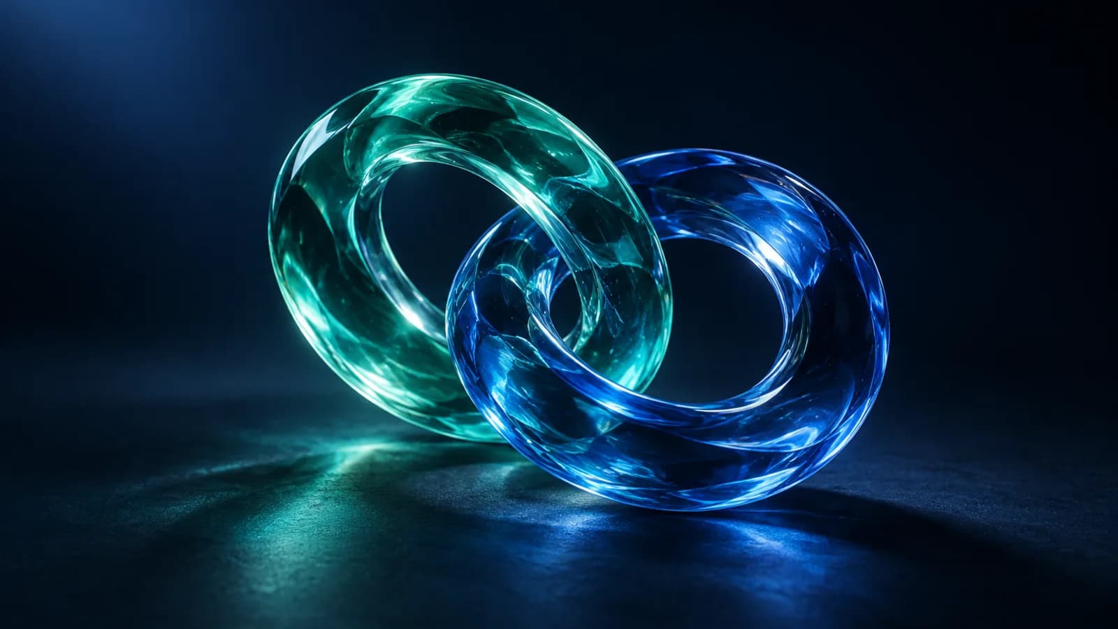 Zwei ineinandergreifende, durchscheinende Glasringe, einer türkis und einer blau, leuchtend auf dunkler reflektierender Oberfläche.