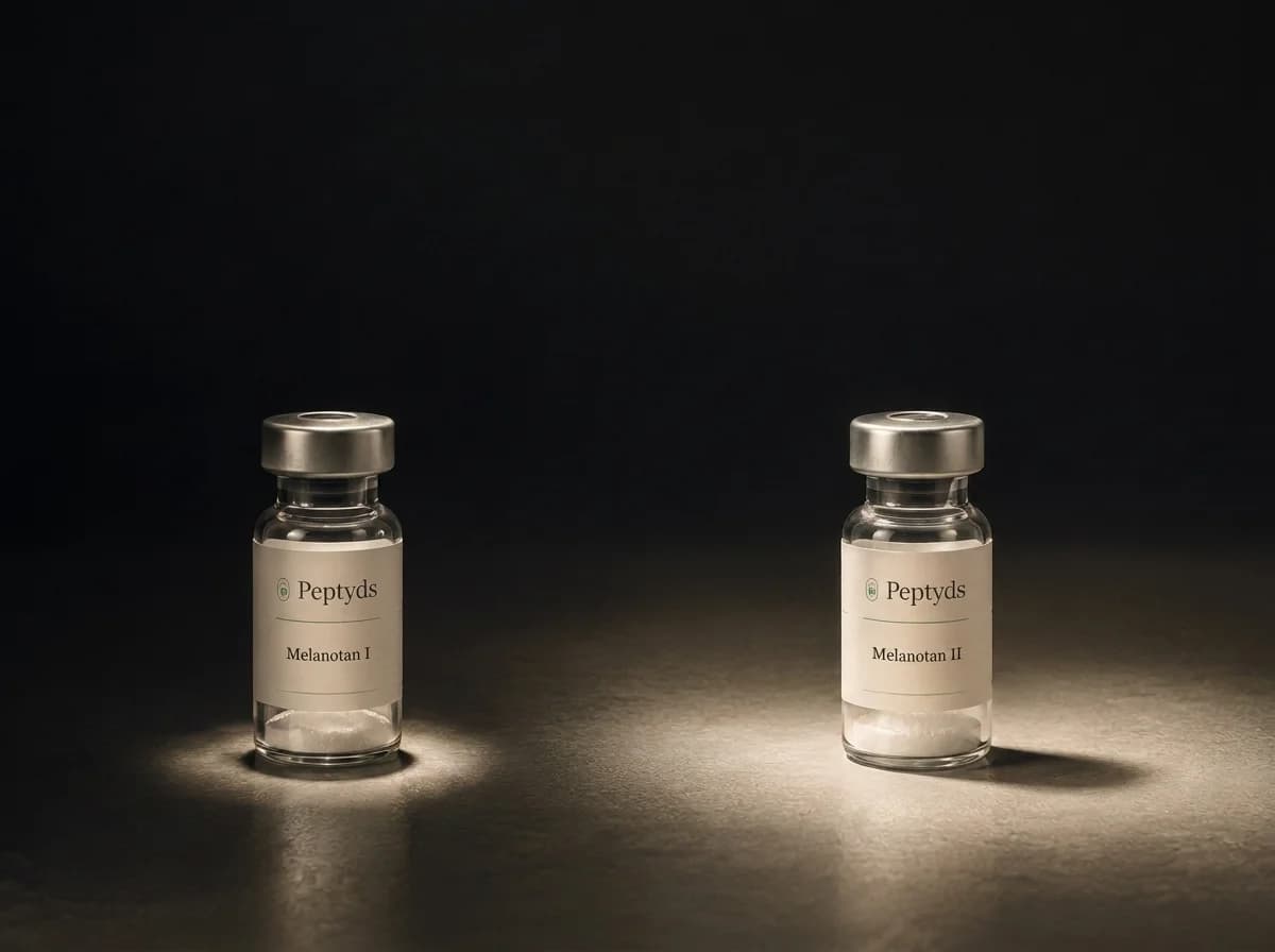 Zwei Peptyds-Forschungsvials mit der Beschriftung Melanotan I und Melanotan II, getrennt voneinander auf einer dunklen Steinfläche, jedes in seinem eigenen warmen Lichtkegel