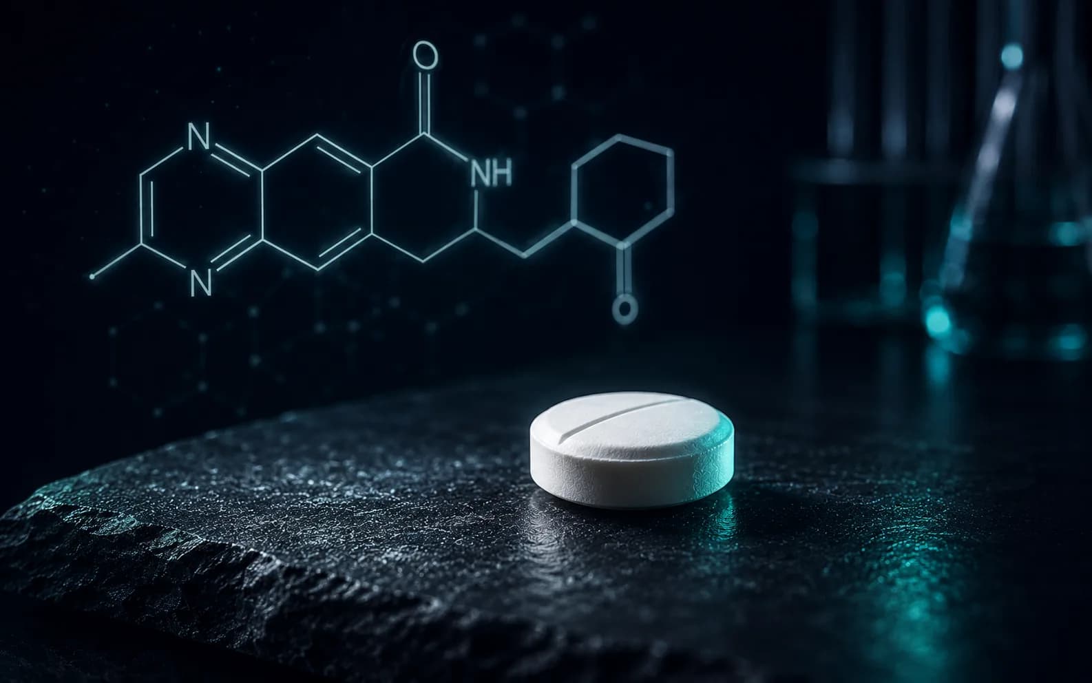 Abstrakte redaktionelle Darstellung der niedermolekularen Spiroindoline-Struktur von MK-677 auf einer tiefblauen Laborfläche, als Signal für Nicht-Peptid-Chemie.