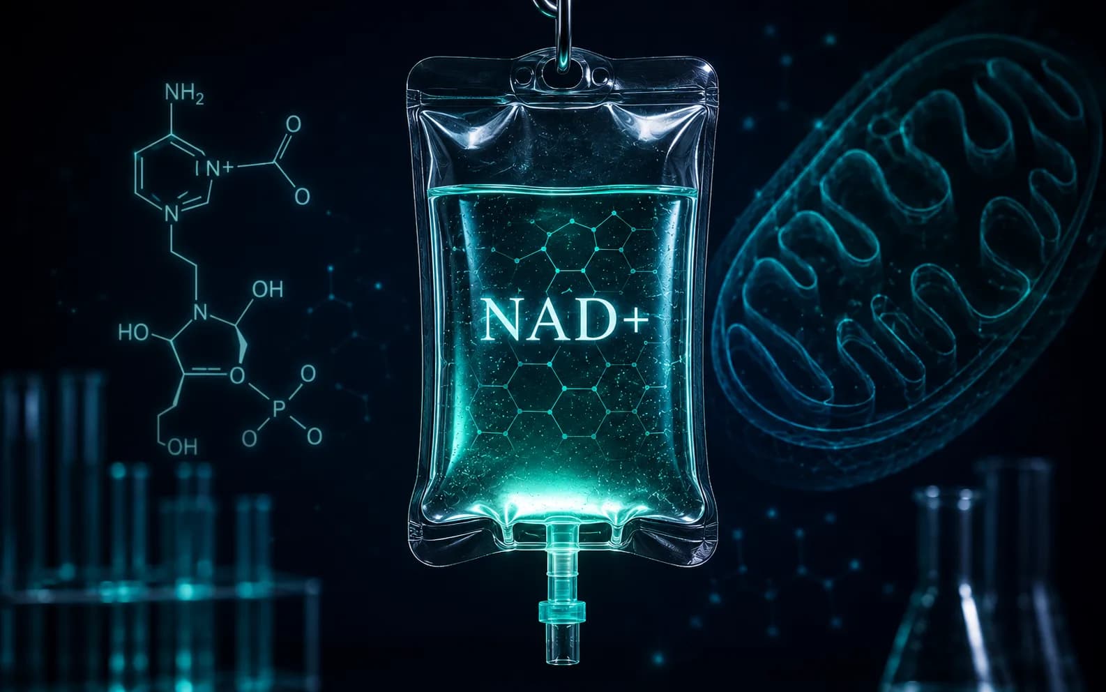 Abstrakte Darstellung der NAD+-Dinukleotidstruktur mit Adenin- und Nicotinamidgruppen, verbunden durch ein Phosphatrückgrat, auf einer tiefblauen Laborfläche.