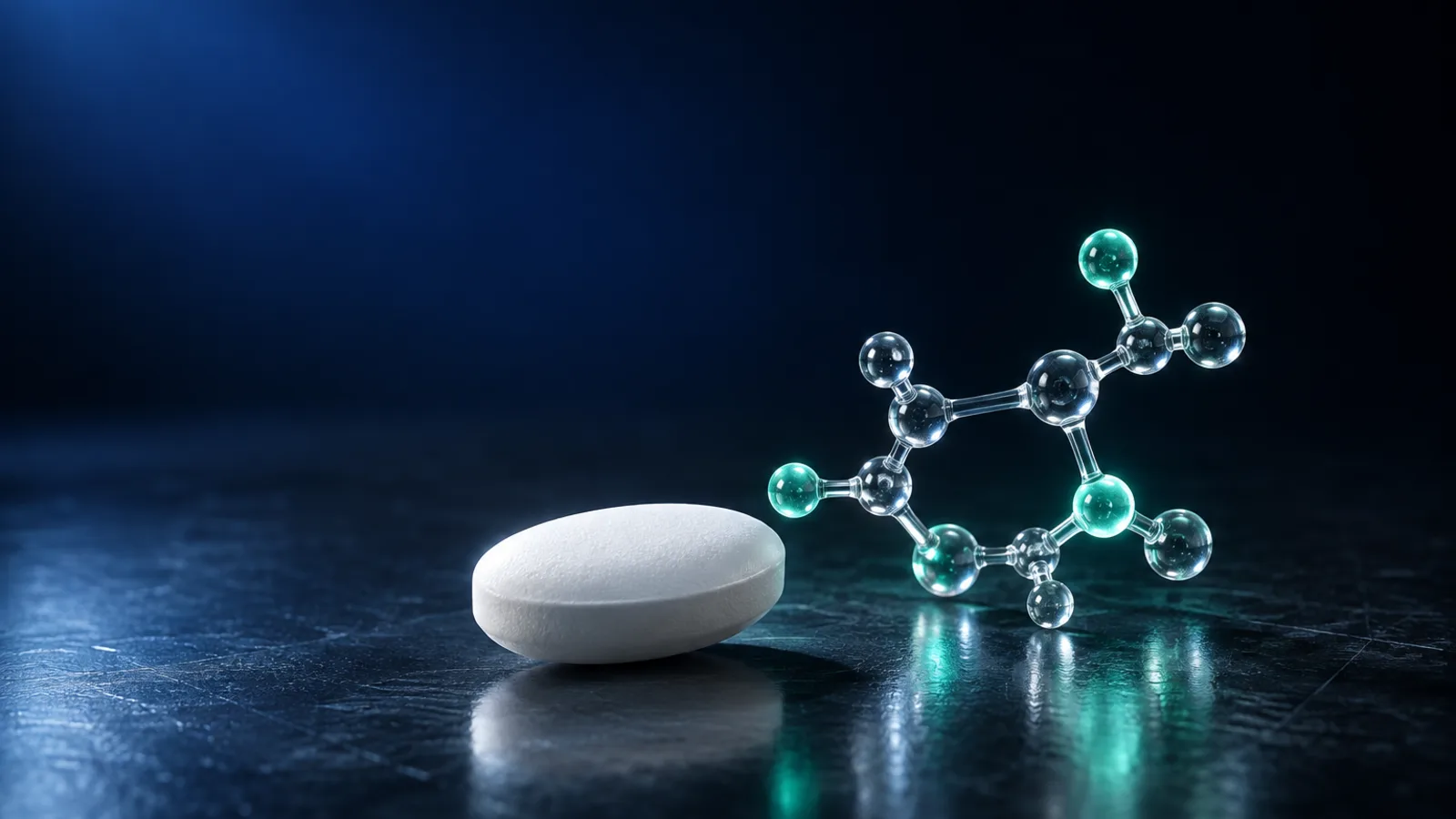 A plain white oval tablet beside a glowing translucent molecular structure on a dark surface.