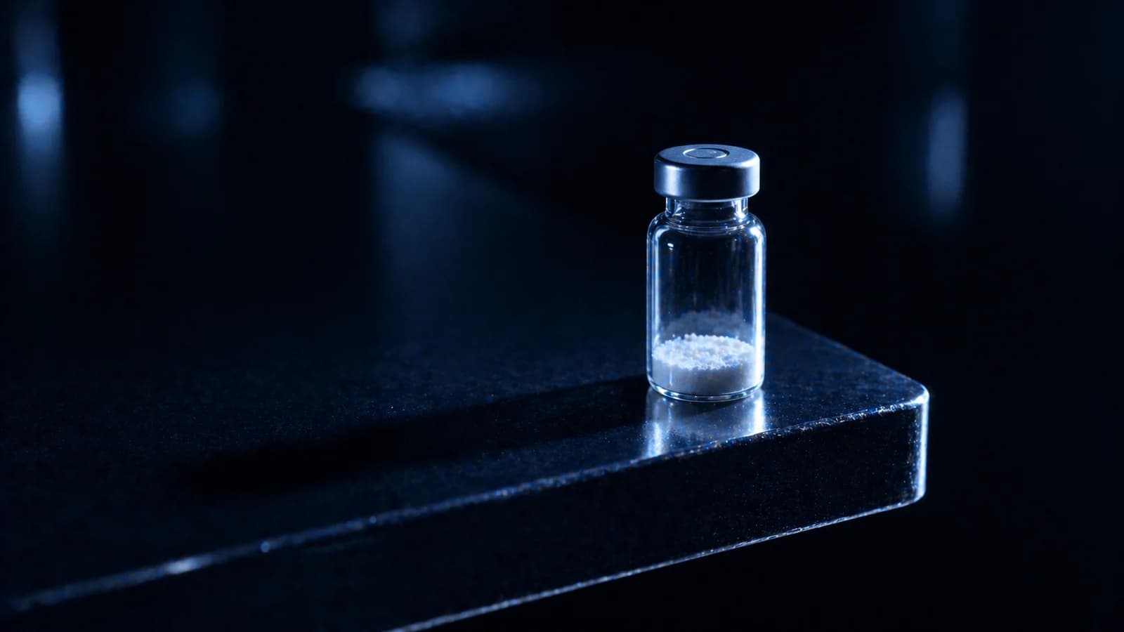 Einzelnes Peptid-Vial im schwachen Licht auf einer dunklen, spiegelnden Fläche, als Bild für zu vermeidende Lagerfehler.