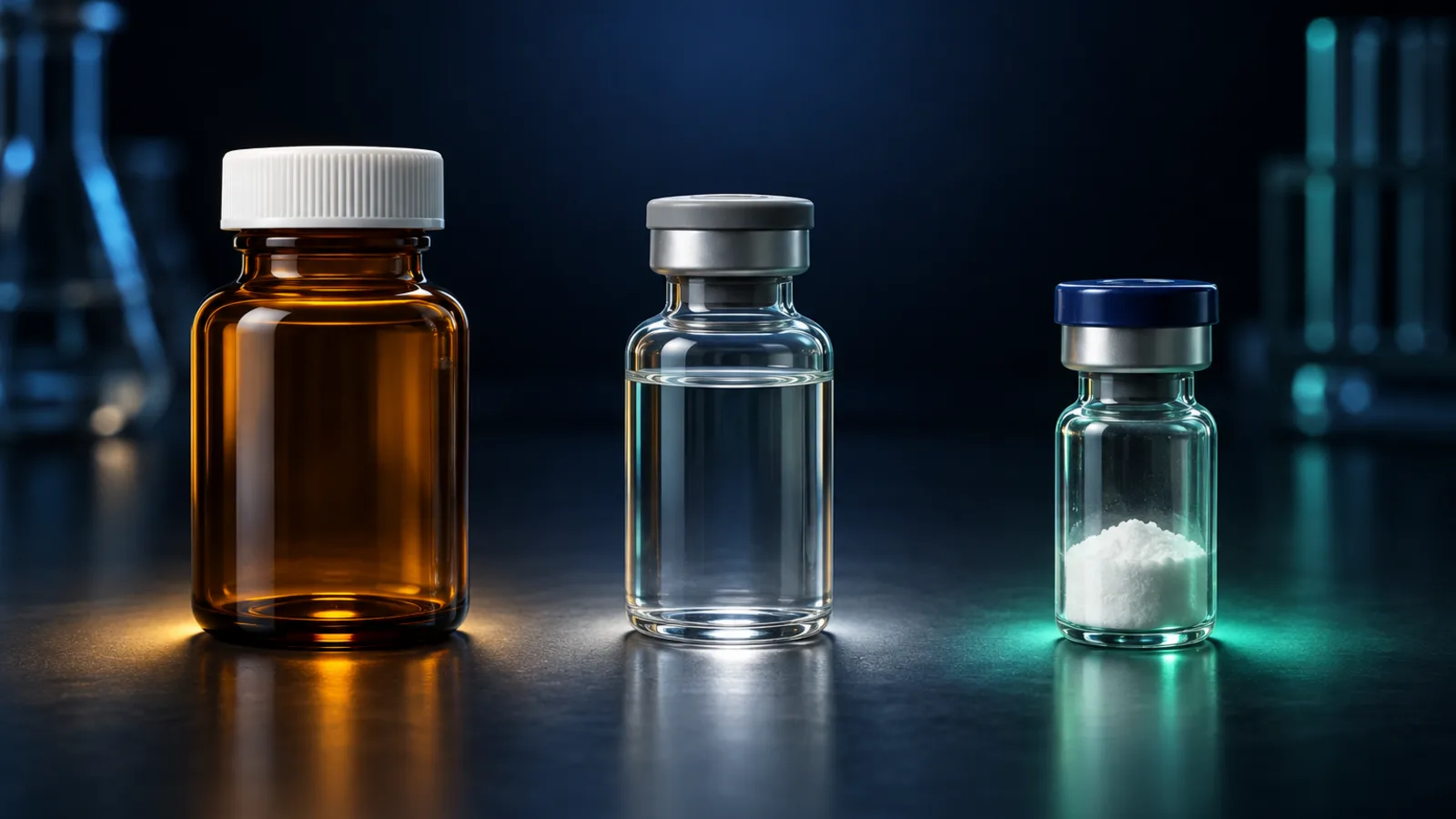 Eine bernsteinfarbene Tablettenflasche und zwei unbeschriftete Glasvials, eines mit Pulver, vor verschwommenen Laborglasgeräten.