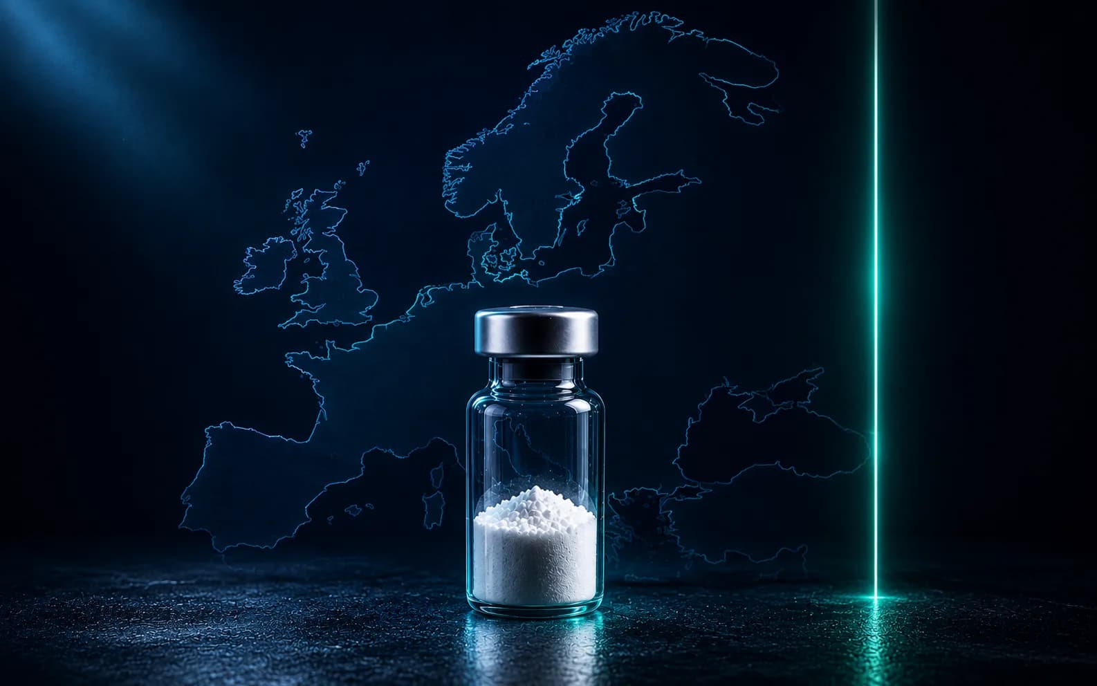 Ein redaktionelles Stillleben aus einem Peptid-Vial neben einem EU-Regulierungsdokument und einem anonymisierten Zolletikett, das den europäischen Rechtsrahmen 2026 für Forschungspeptide illustriert.