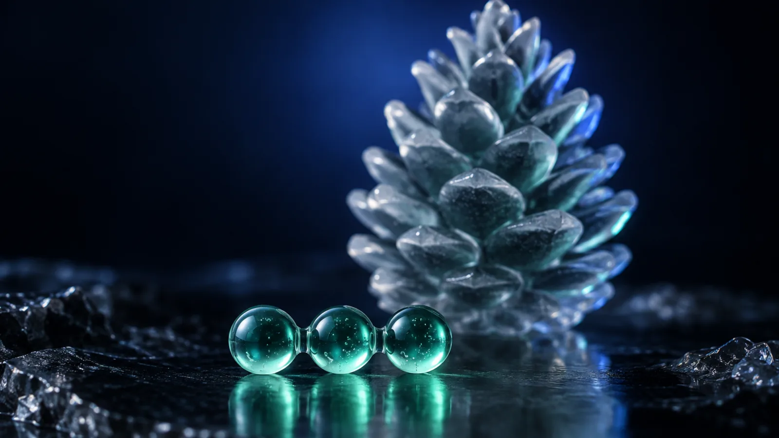 A translucent glass pine cone beside a short three-bead glass molecule chain on a dark, icy surface.