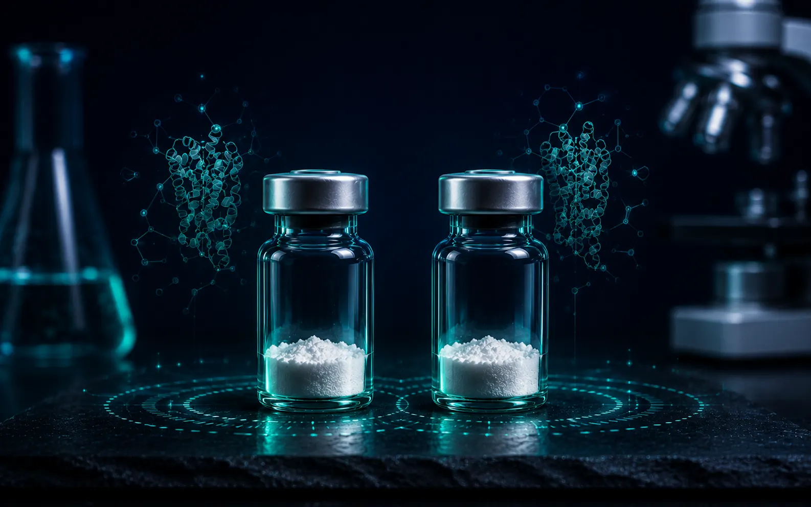Zwei unbeschriftete Peptid-Vials, getrennt durch eine dünne diagonale Linie auf einer dunklen Studiofläche, als Rahmen eines Forschungsvergleichs zwischen PT-141 und Melanotan II.