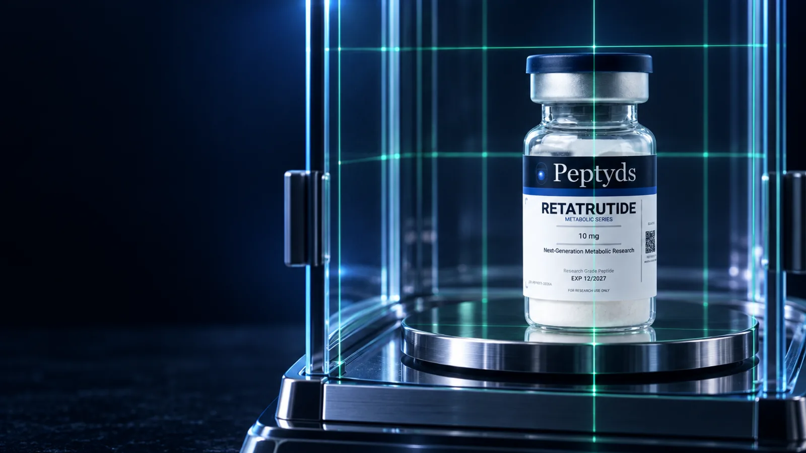 Ein Peptyds-Forschungsvial mit der Aufschrift "Retatrutide, Metabolic Series, 10 mg" auf einer beleuchteten Waage in einer Glasvitrine mit Laserraster.