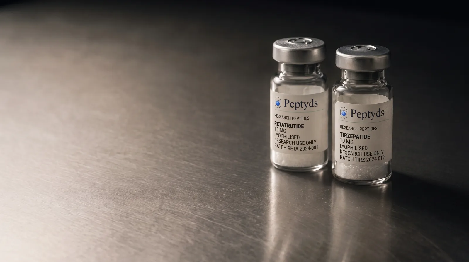 Zwei lyophilisierte Forschungspeptid-Vials nebeneinander auf einer gebürsteten Edelstahl-Laborbank, von links beleuchtet, während die Bank in den Schatten abfällt
