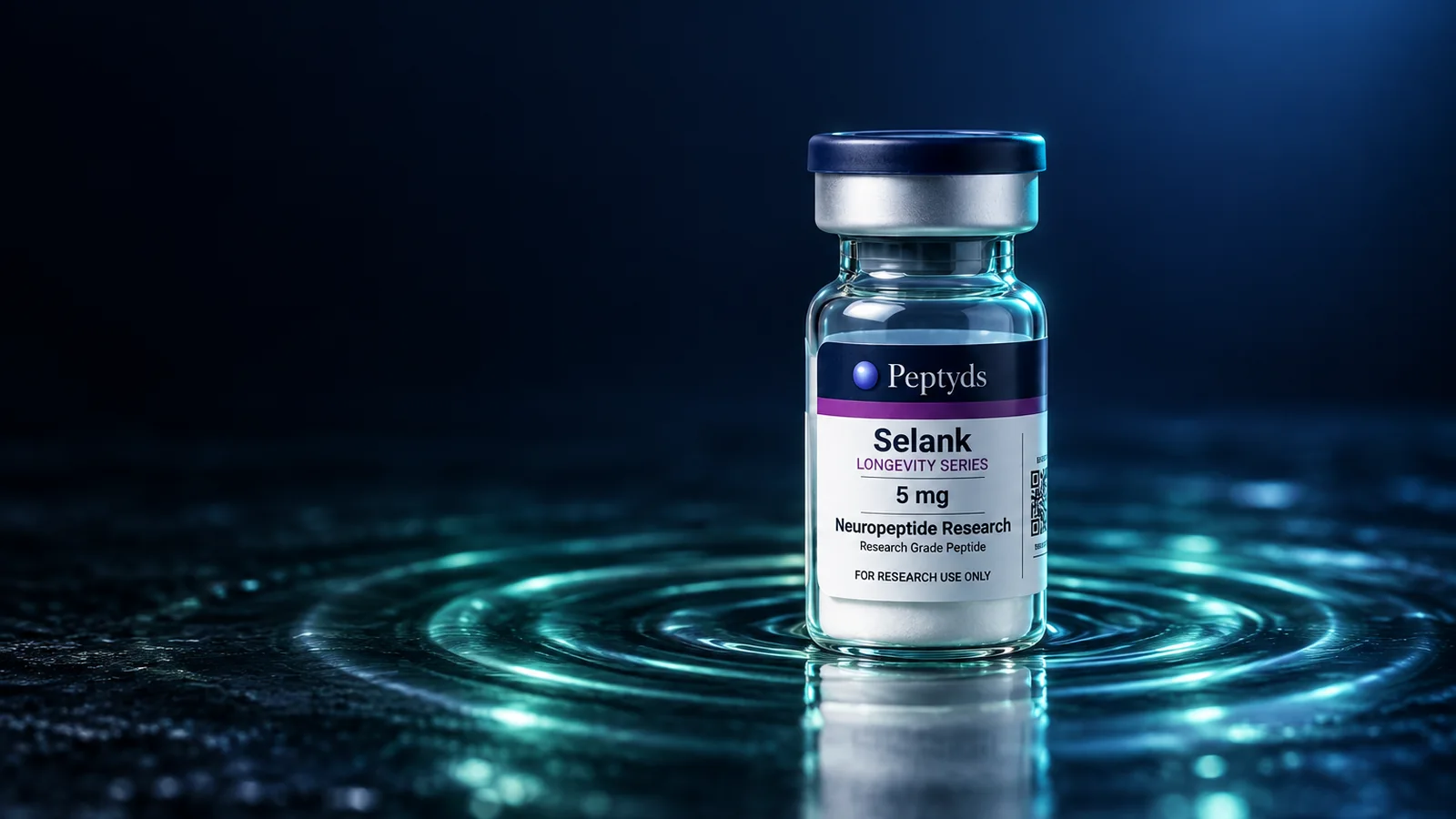 A sealed Peptyds selank research vial standing at the centre of concentric ripples of teal light on a dark, wet surface.