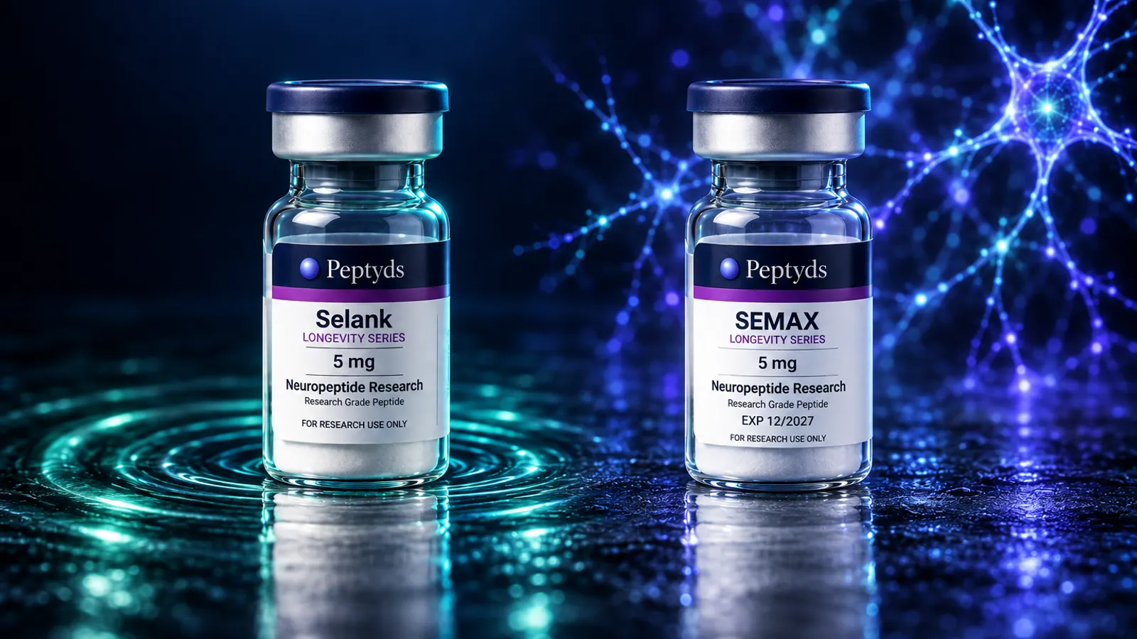 Zwei versiegelte Forschungs-Vials von Peptyds, Selank und Semax, nebeneinander auf einer nassen, dunklen Fläche vor einem leuchtenden neuronalen Netz.