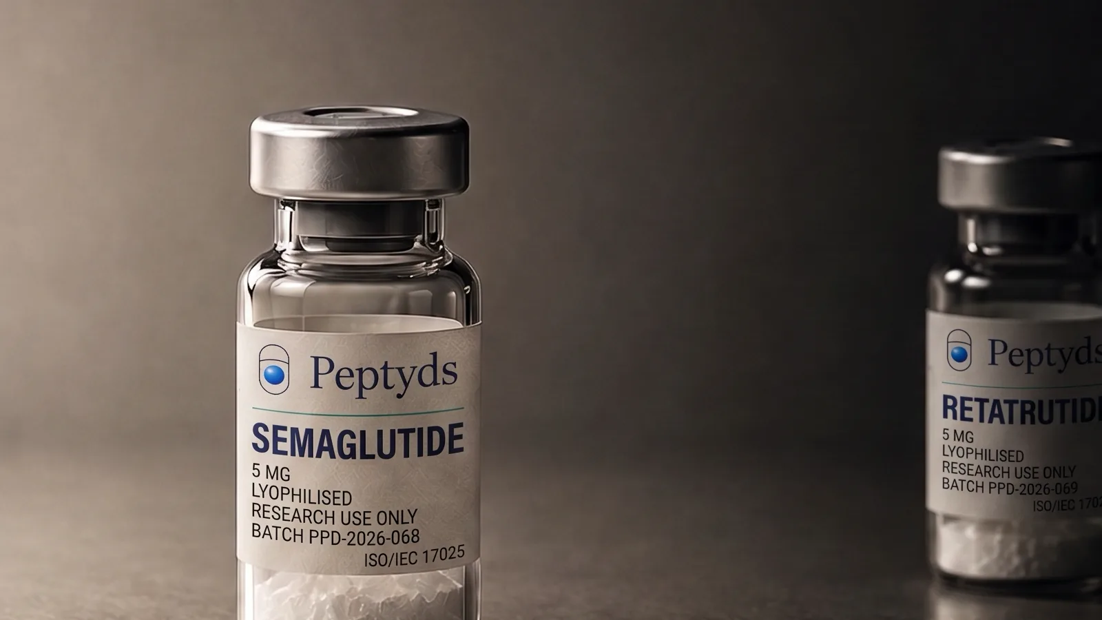 Zwei lyophilisierte Forschungspeptid-Vials mit Abstand auf einer dunklen Laborfläche, das nähere voll ausgeleuchtet, das entferntere im Schatten zurücktretend