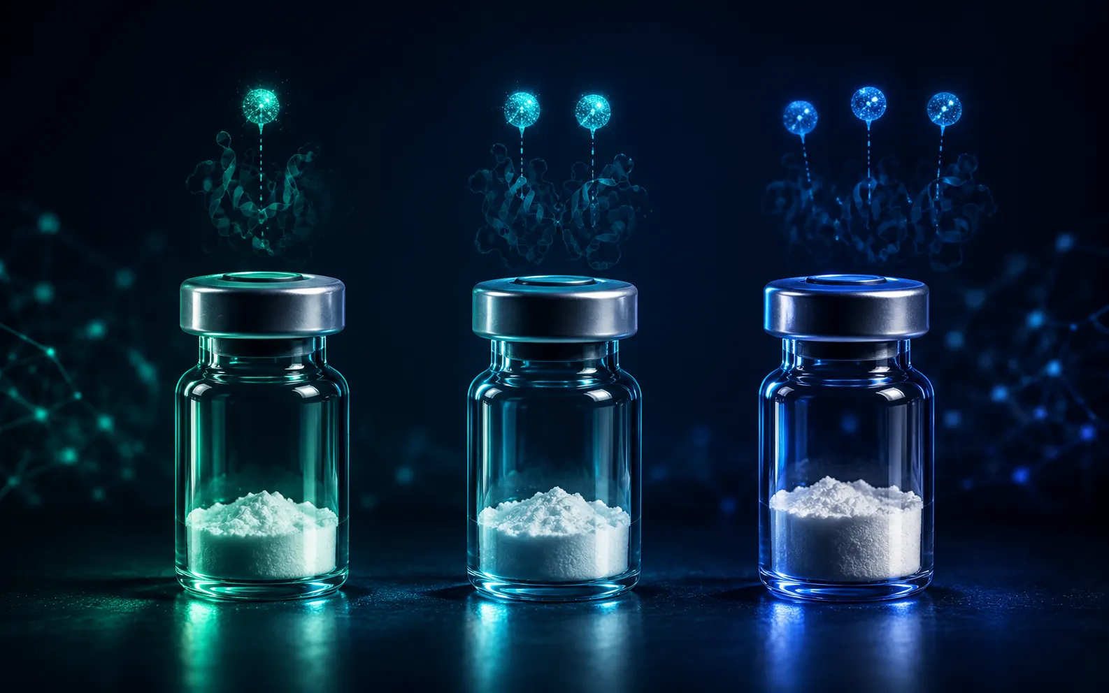 Drei Peptid-Vials unterschiedlicher Höhe, ausgerichtet auf einer dunklen Studiofläche, die Semaglutide, Tirzepatide und Retatrutide darstellen.