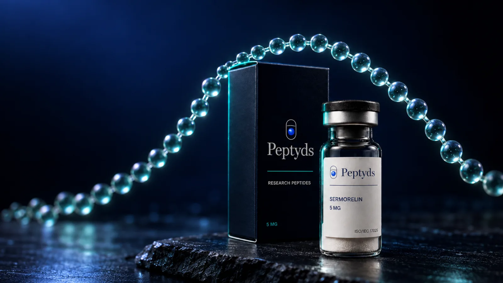 A dark Peptyds carton marked "Research Peptides, 5 MG" beside a vial labelled "Sermorelin, 5 MG," under an arched glass bead chain.