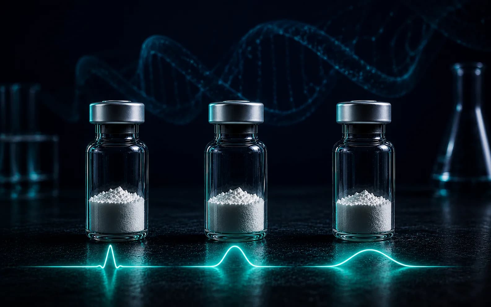 Drei unbeschriftete Vials mit lyophilisiertem Peptid, in leicht unterschiedlicher Höhe auf einer navyblauen Laborfläche aufgereiht, als Forschungsvergleich dreier GHRH-Analoga.
