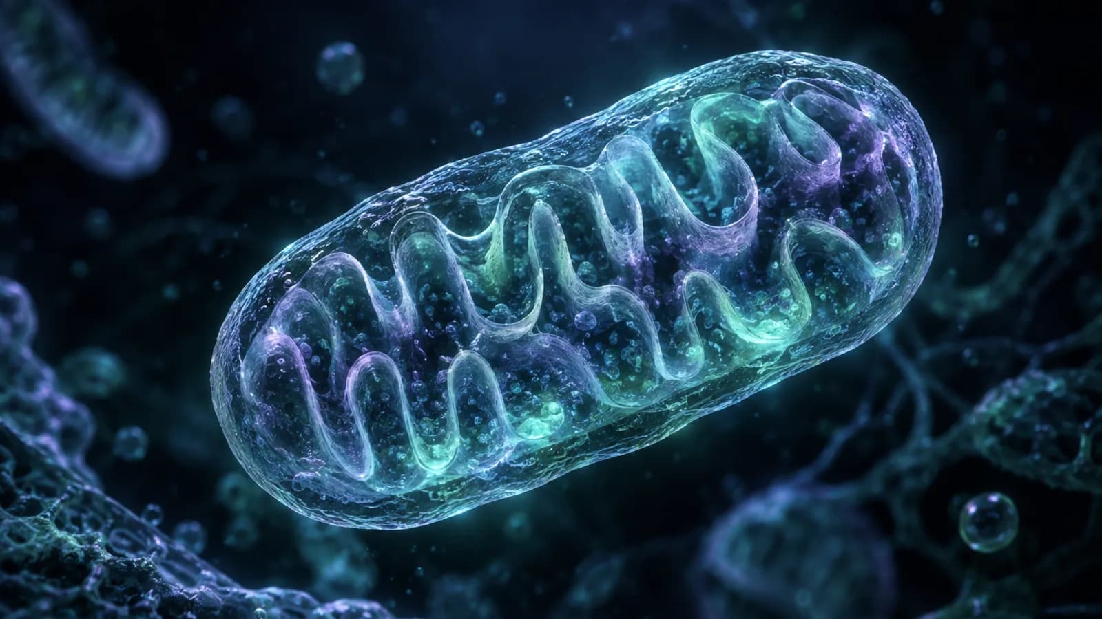 Ein durchscheinendes Glas-Mitochondrienmodell mit leuchtenden grünen und violetten inneren Falten, schwebend über einer dunklen Zelloberfläche.