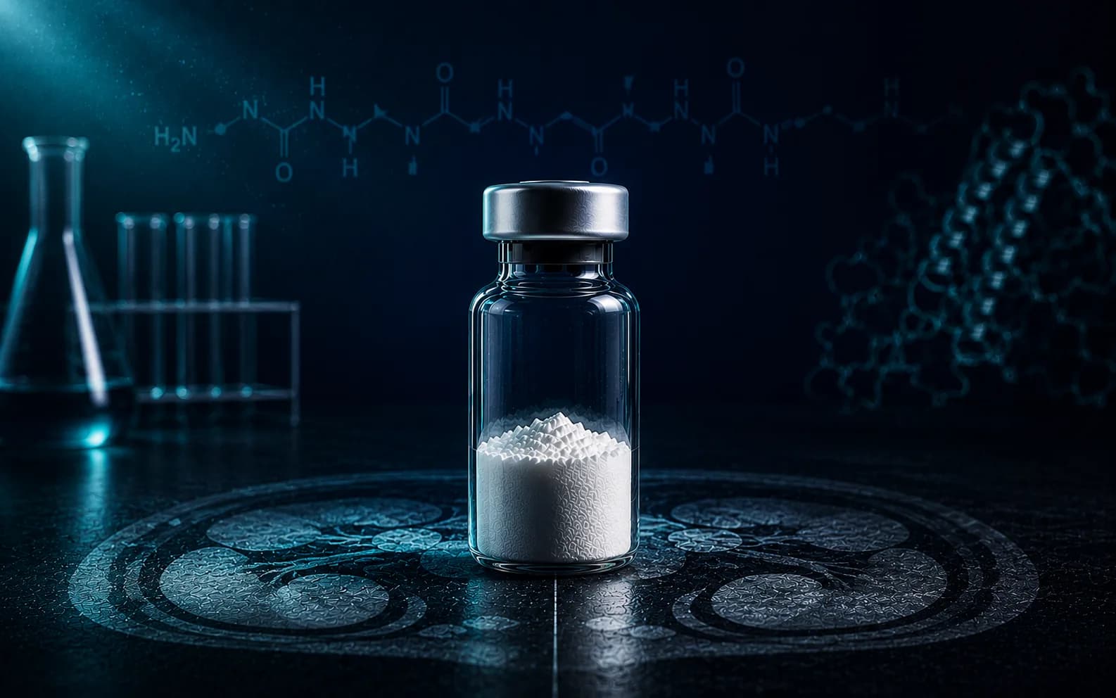 Ein Vial mit lyophilisiertem Peptid, in redaktionellem Winkel auf einer dunklen navyblauen Fläche neben einem geschlossenen Studienheft fotografiert, als Bild für den Studienkontext von Tesamorelin.