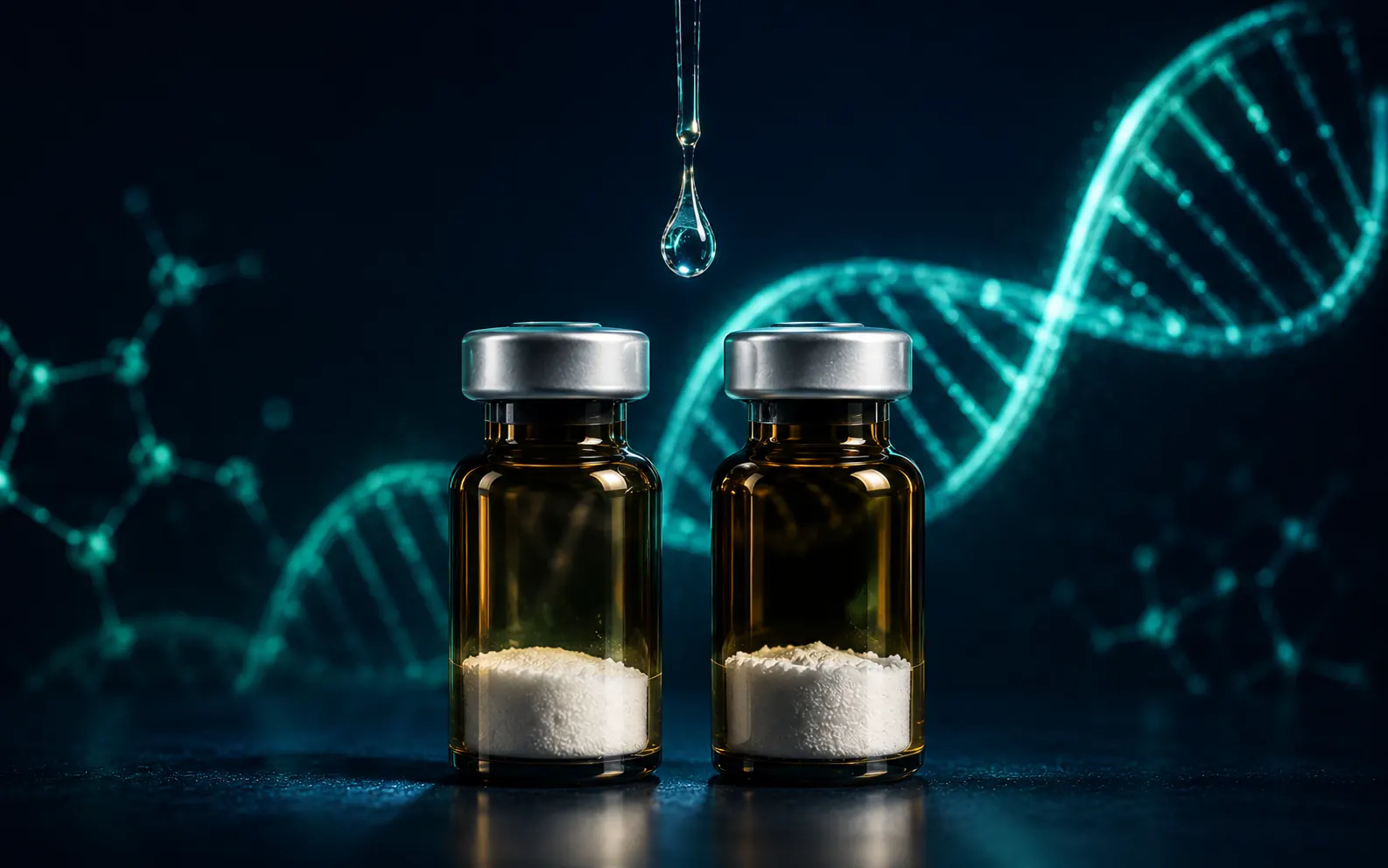 Zwei gläserne Peptid-Vials nebeneinander auf einer dunklen Laborfläche, die die Forschung zu BPC-157 und TB-500 darstellen.