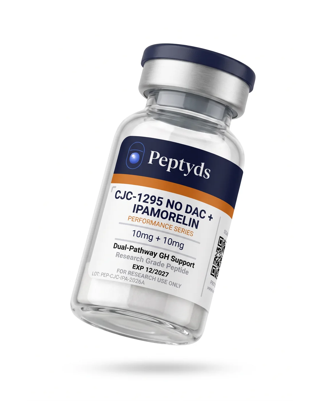 10 mg + 10 mg vial lyophilised vial of CJC-1295 No DAC + Ipamorelin, ISO/IEC 17025 lab-verified, Peptyds packaging