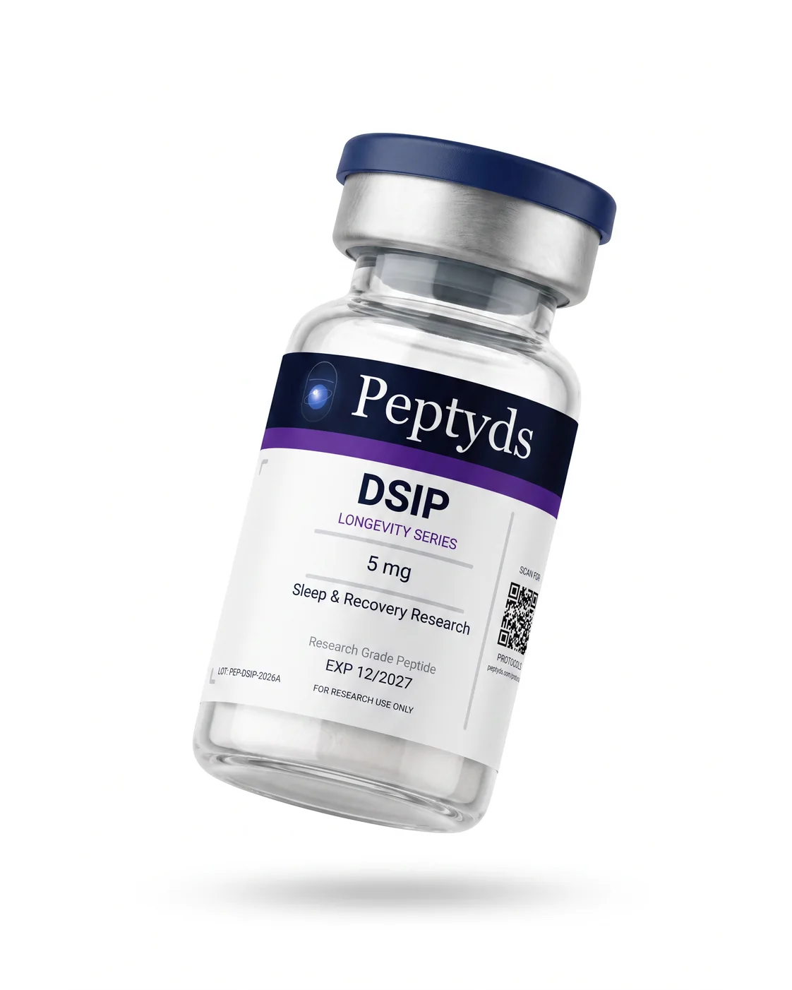 5 mg vial lyophilised vial of DSIP, ISO/IEC 17025 lab-verified, Peptyds packaging