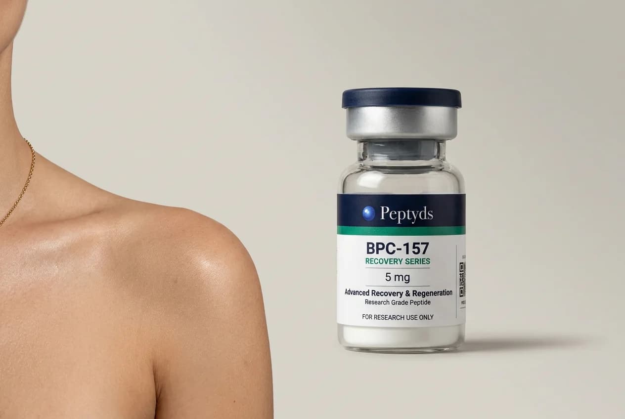 5 mg vial lyophilised vial of BPC-157 Complex, ISO/IEC 17025 lab-verified, Peptyds packaging
